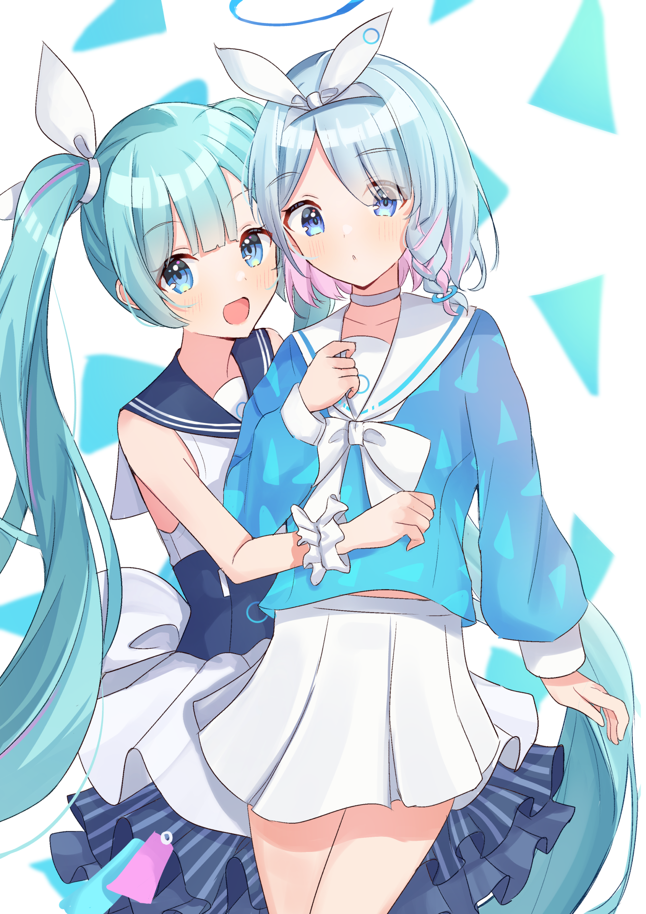 yuuna (vhux2273), arona (blue archive), hatsune miku, hatsune miku (blue archive), blue archive, vocaloid, commentary request, highres, 2girls, alternate hairstyle, black sailor collar, blue eyes, blue hair, blue halo, blush, bow, braid, breasts, collarbone, colored inner hair, dress, frilled dress, frills, hair between eyes, hair ornament, halo, hand on own chest, high-waist skirt, long hair, long sleeves, medium breasts, multicolored hair, multiple girls, open mouth, sailor collar, scrunchie, skirt, sleeveless, sleeveless dress, smile, streaked hair, twintails, very long hair, white bow, white dress, white sailor collar, white scrunchie, white skirt, wrist scrunchie