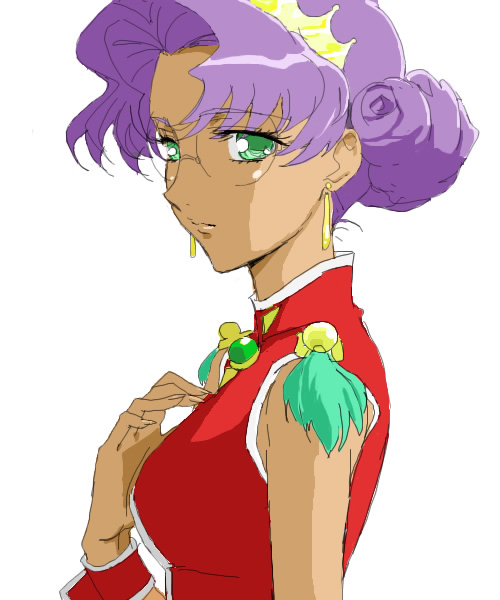 tamura satomi, himemiya anthy, shoujo kakumei utena, 1990s (style), dark-skinned female, dark skin, earrings, glasses, green eyes, jewelry, purple hair, retro artstyle, solo