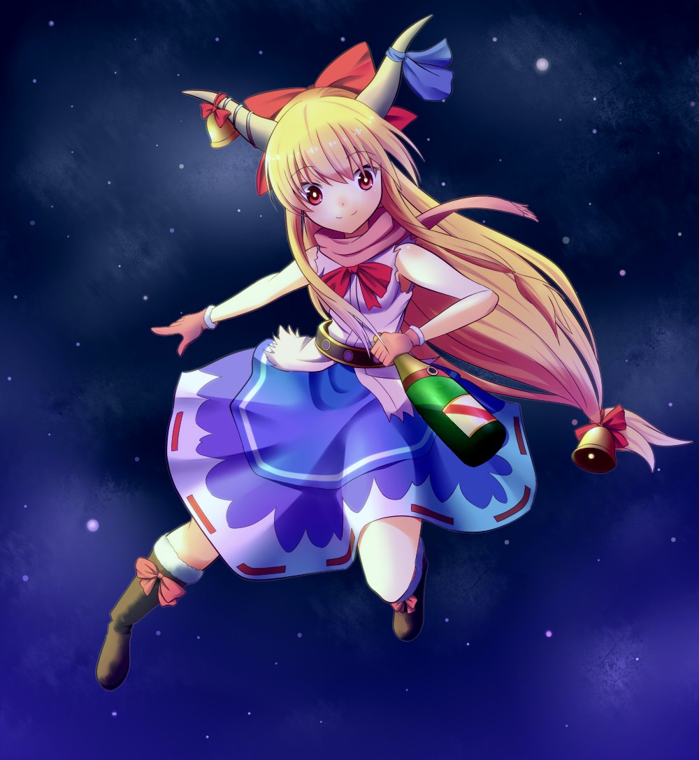 tsuchifumazu, ibuki suika, touhou, bad id, bad pixiv id, 1girl, bell, boots, bottle, bow, bowtie, female focus, flying, gloves, hair bow, hair ornament, hair ribbon, horn ornament, horn ribbon, horns, jingle bell, long hair, night, red eyes, ribbon, scarf, shirt, sky, sleeveless, sleeveless shirt, smile, solo, very long hair
