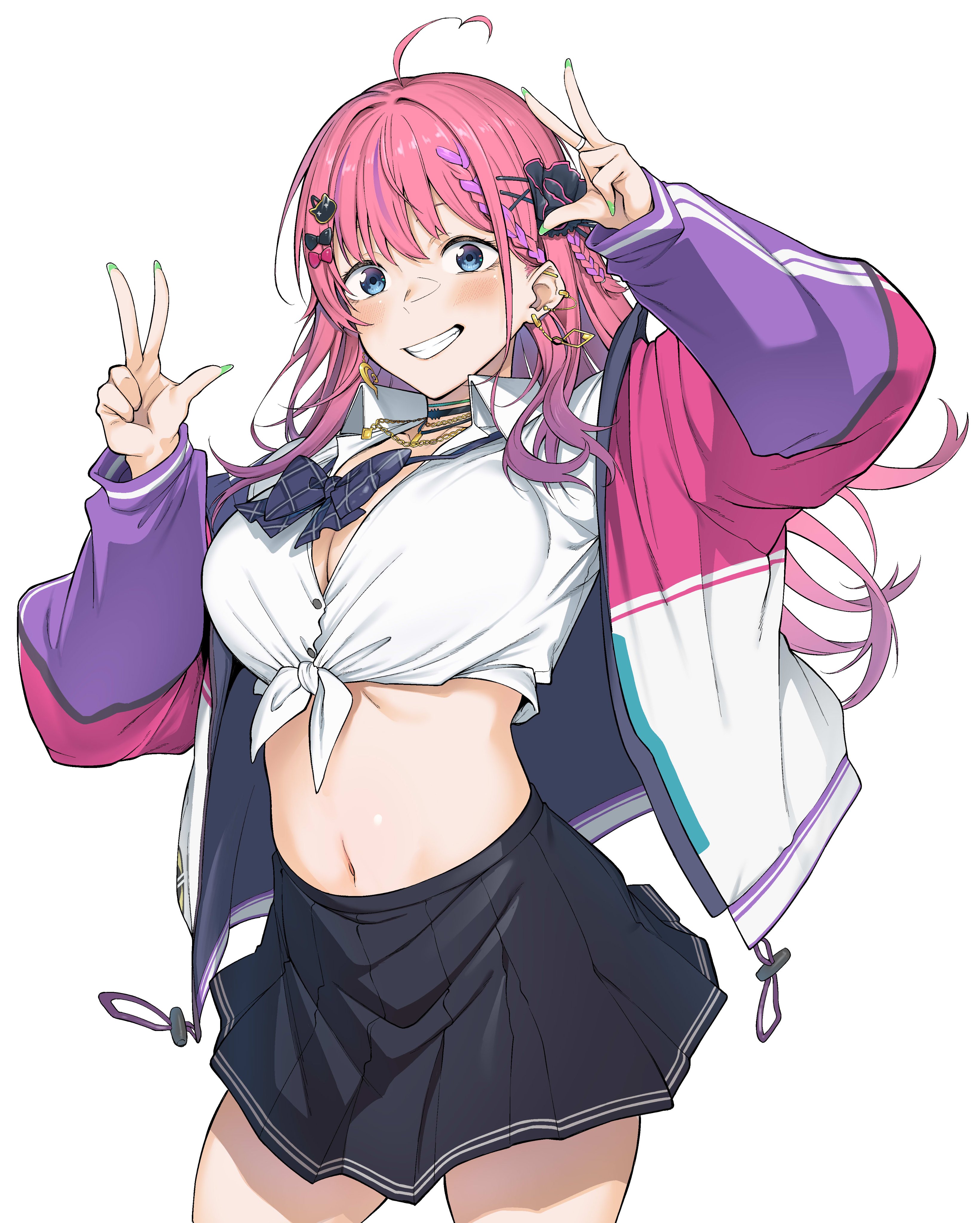 spirytus tarou, kuramochi meruto, kuramochi meruto (school uniform), nijisanji, absurdres, commentary request, highres, 1girl, ahoge, amesuku gyaru, barbell piercing, blue eyes, blue skirt, blush, bow, bowtie, breasts, cleavage, collared shirt, cowboy shot, double w, ear piercing, earrings, gradient hair, green nails, gyaru, hair bow, hair ornament, hairclip, heart, heart ahoge, industrial piercing, jacket, jewelry, kogal, large breasts, long hair, loose bowtie, microskirt, miniskirt, multicolored hair, multiple necklaces, navel, necklace, open mouth, piercing, pink hair, plaid bow, plaid bowtie, plaid clothes, pleated skirt, purple hair, purple jacket, ribbon, school uniform, shirt, skirt, smile, solo, stomach, teeth, tied shirt, virtual youtuber, w, white shirt