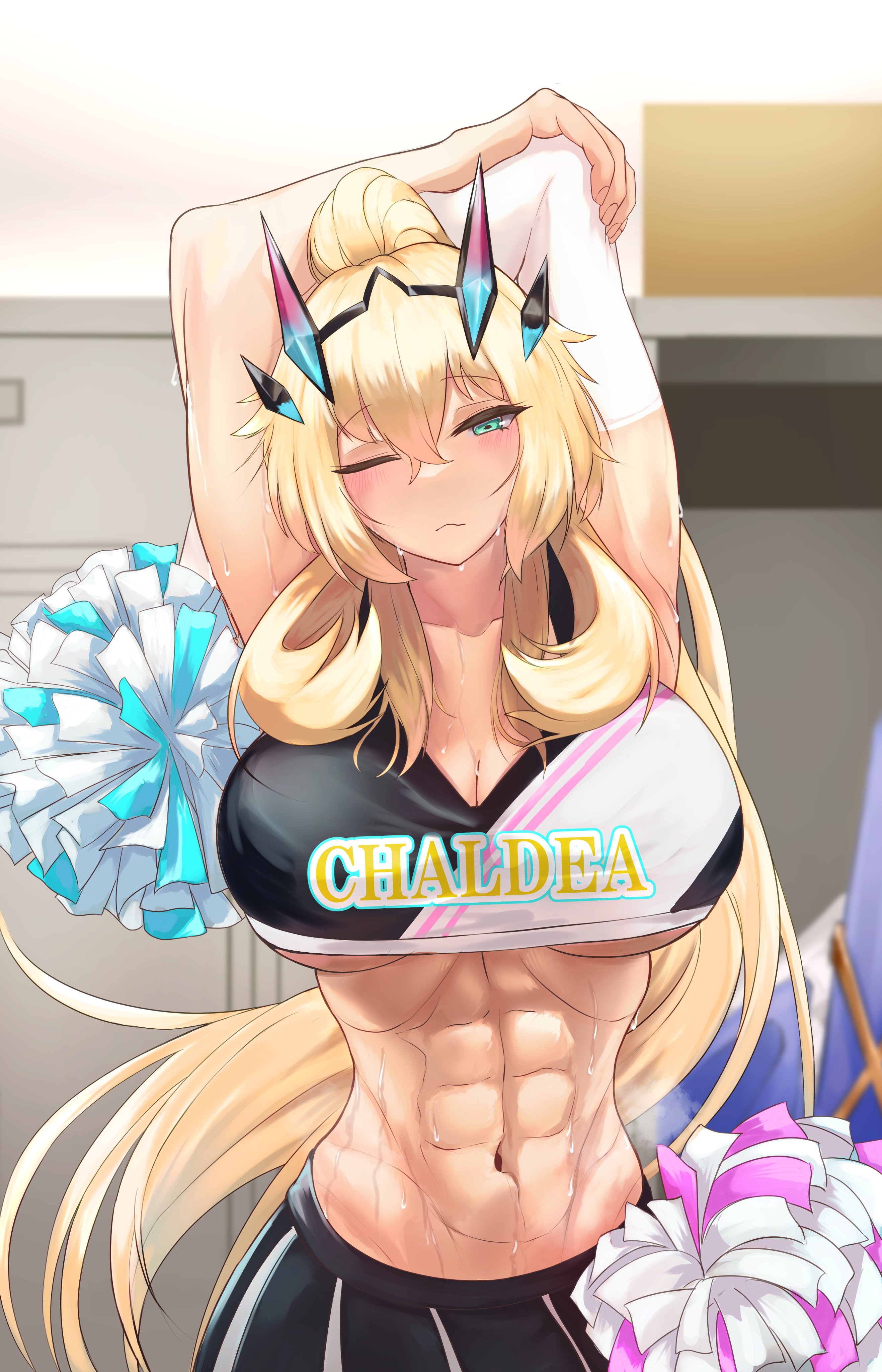 tutuuraura88, barghest (fate), fate/grand order, fate (series), absurdres, commentary request, highres, 1girl, abs, alternate costume, black skirt, blonde hair, cheerleader, green eyes, hair between eyes, long hair, looking at viewer, midriff, muscular, muscular female, navel, one eye closed, pom pom (cheerleading), ponytail, skirt, solo, sweat, tiara