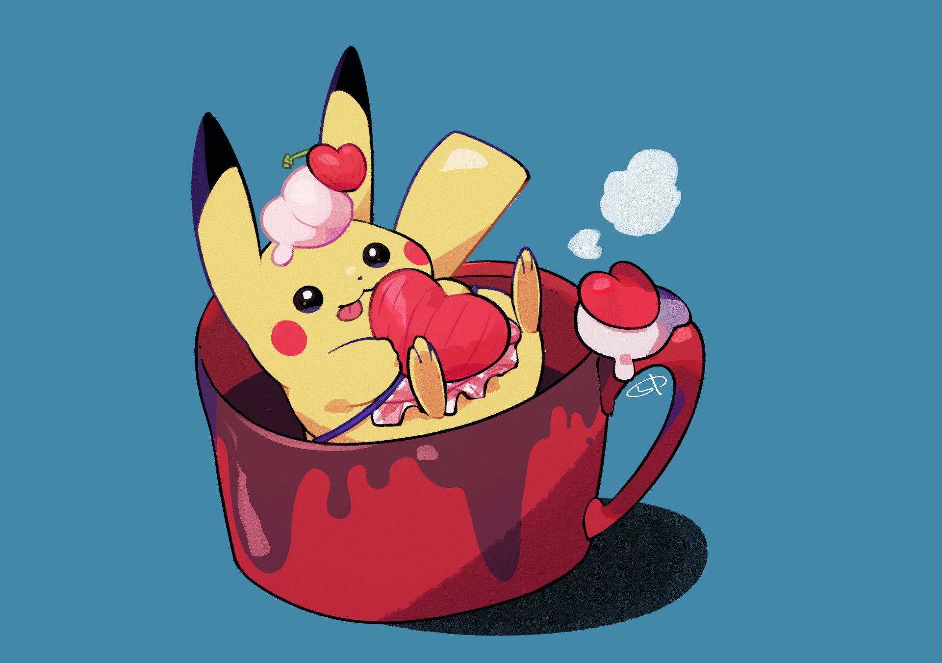 rakkonokawa, pikachu, nintendo, pokemon, commentary request, highres, apron, black eyes, blue background, coffee, cup, gen 1 pokemon, heart, holding, mug, no humans, pokemon (creature), shadow, simple background, smile, solo, tongue, tongue out, whipped cream