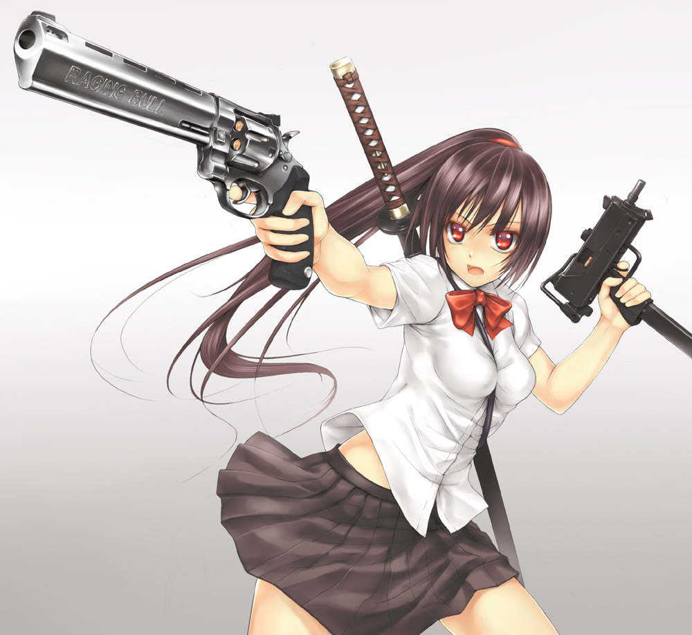 takemori shintarou, original, machine pistol, bad id, bad pixiv id, 1girl, asymmetrical dual wielding, black hair, bow, dual wielding, female focus, gun, handgun, holding, katana, long hair, mac-10/11, ponytail, red eyes, revolver, ribbon, school uniform, skirt, solo, submachine gun, sword, weapon, weapon on back