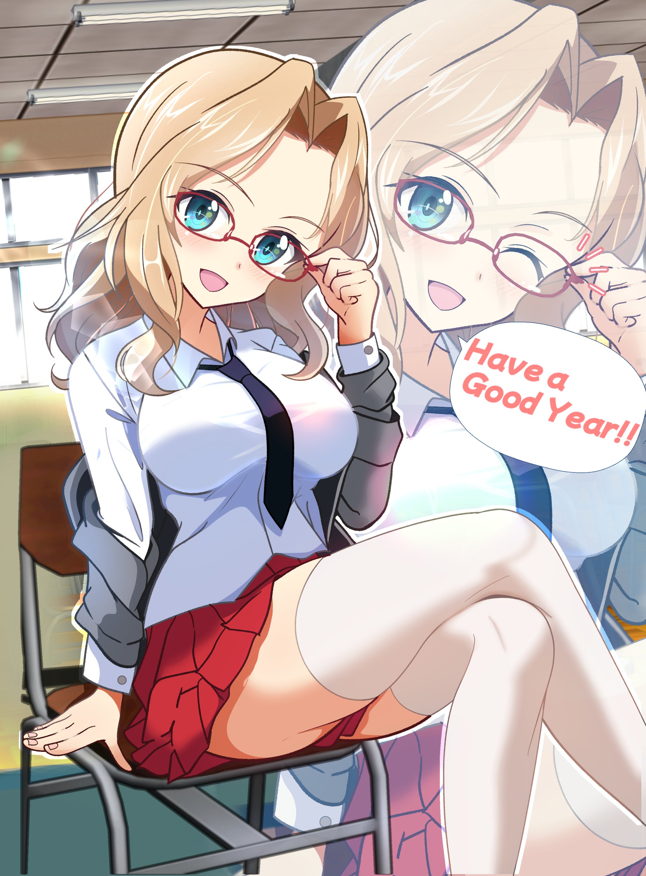 gratin (kumaisao), kay (girls und panzer), girls und panzer, absurdres, commentary request, highres, 1girl, ass, black necktie, blonde hair, blue eyes, blush, breasts, classroom, glasses, indoors, large breasts, long hair, looking at viewer, miniskirt, multiple views, necktie, one eye closed, open mouth, saunders school uniform, school uniform, skirt, smile, thighhighs, white thighhighs