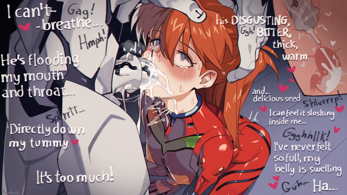 aseiusx, mass production eva, souryuu asuka langley, neon genesis evangelion, commentary, english commentary, 1girl, ahegao, blue eyes, breasts, covered erect nipples, cross-section, cum, cum in mouth, deepthroat, ejaculation, fellatio, long hair, mecha pilot suit, oral, orange hair, plugsuit (evangelion), small breasts, very long hair, x-ray