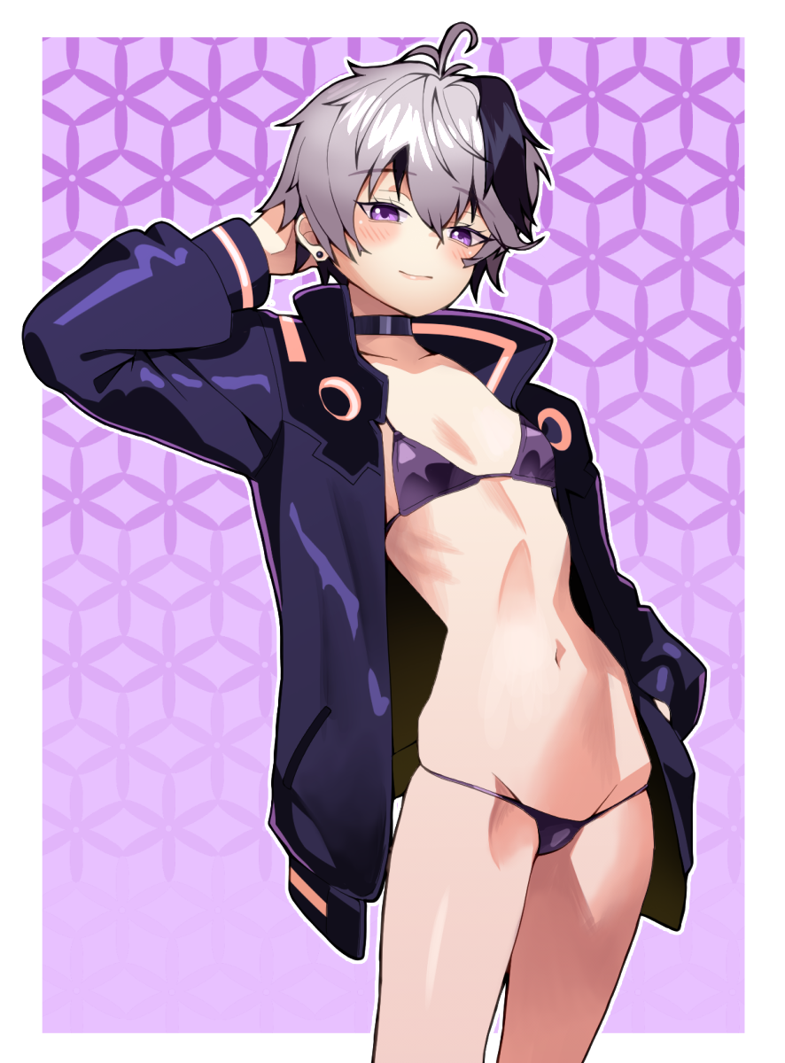 n0 image, flower (vocaloid), flower (vocaloid4), vocaloid, commentary, english commentary, highres, 1girl, arm behind head, bikini, black choker, border, choker, closed mouth, collarbone, earrings, flat chest, jacket, jewelry, light blush, looking at viewer, multicolored hair, navel, outline, purple background, purple bikini, purple eyes, purple hair, purple jacket, short hair, smile, solo, streaked hair, swimsuit, tomboy, white border, white hair, white outline