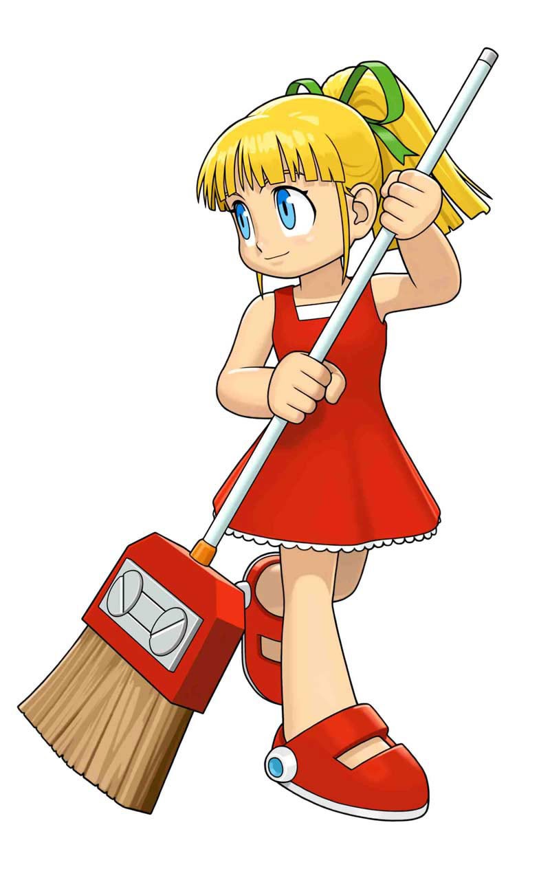 mori toshiaki, roll (mega man), capcom, mega man (classic), mega man (series), tatsunoko vs. capcom, highres, official art, 1girl, blonde hair, blue eyes, broom, child, female focus, flat chest, hair ribbon, red skirt, ribbon, robot, skirt, solo