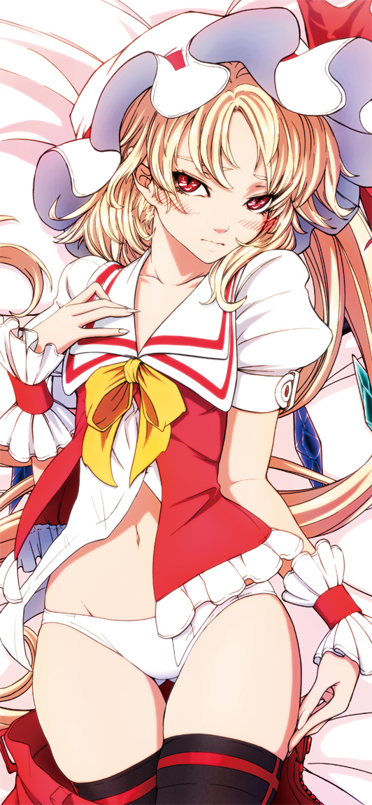 imizu (nitro unknown), flandre scarlet, touhou, bad id, bad pixiv id, 1girl, aged up, black thighhighs, blonde hair, female focus, fingernails, hat, no pants, open clothes, open skirt, panties, pointy ears, red eyes, short hair, side ponytail, skirt, solo, thigh gap, thighhighs, thighs, underwear, vampire, white panties, wings