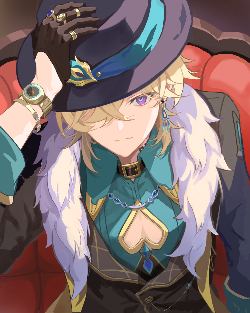 touchika, aventurine (honkai: star rail), honkai: star rail, honkai (series), commentary, 1boy, black gloves, black vest, blonde hair, cleavage cutout, closed mouth, clothing cutout, collared shirt, gloves, green shirt, grey jacket, hand on headwear, hat, jacket, long sleeves, looking at viewer, male focus, open clothes, open jacket, purple eyes, purple hat, shirt, short hair, solo, upper body, vest, watch, wristwatch