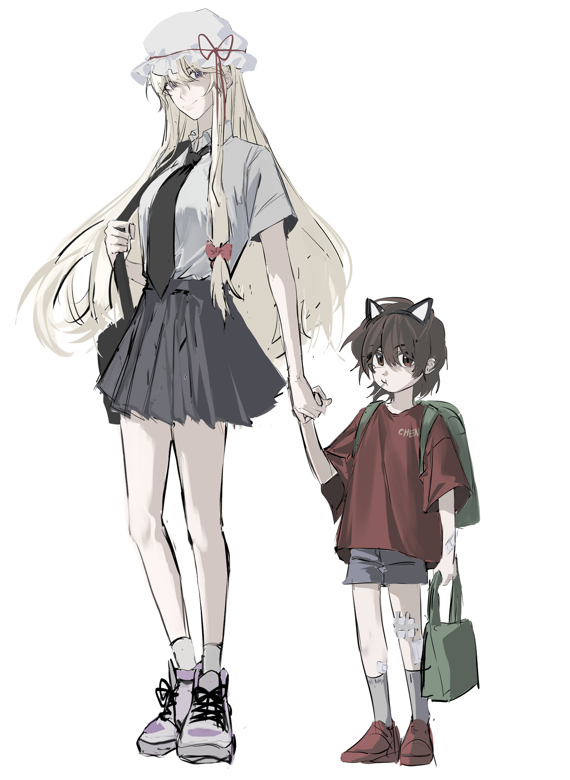 tt orang, chen, yakumo yukari, touhou, absurdres, commentary request, highres, korean commentary, 2girls, alternate costume, animal ears, backpack, bag, bandaid, bandaid on knee, bandaid on leg, black necktie, black skirt, blonde hair, brown eyes, brown hair, cat ears, closed mouth, collared shirt, fake animal ears, food, food in mouth, full body, grey shorts, grey socks, hair ribbon, hat, holding, holding bag, holding hands, legs, long hair, looking at viewer, mob cap, multiple girls, necktie, popsicle, popsicle in mouth, purple eyes, red shirt, ribbon, school bag, school uniform, shirt, shoes, short hair, short sleeves, shorts, skirt, smile, sneakers, socks, t-shirt, white background, white shirt, white socks