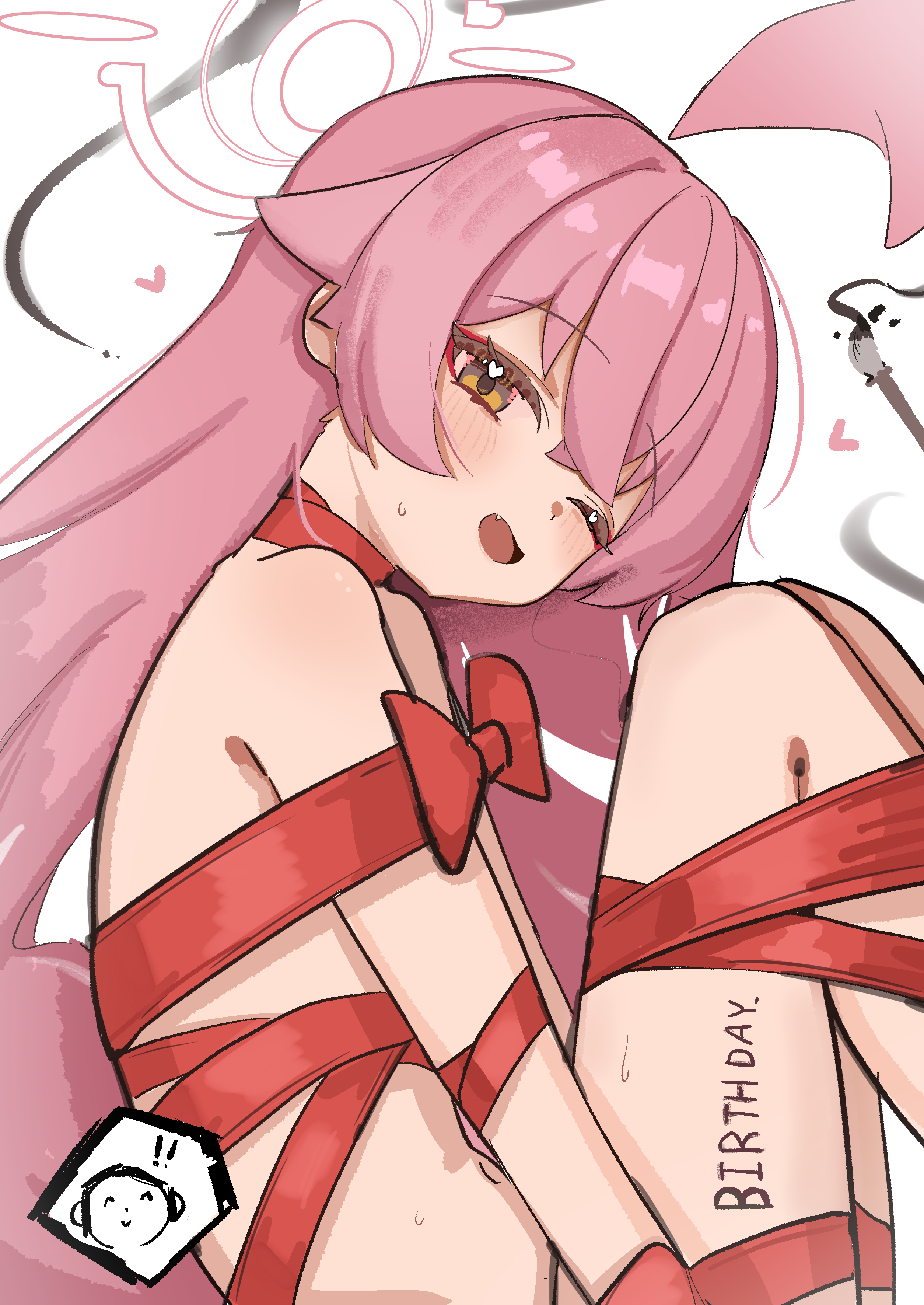 high (hgih), doodle sensei (blue archive), hoshino (blue archive), sensei (blue archive), blue archive, absurdres, commentary request, highres, !, !!, 1boy, 1girl, ;d, ahoge, blush, body writing, bow, brown eyes, calligraphy brush, chibi, chibi inset, fang, from side, halo, heart, heart in eye, long hair, looking at viewer, looking to the side, lying, naked ribbon, navel, nude, on side, one eye closed, open mouth, paintbrush, pink hair, red bow, red ribbon, ribbon, smile, solo focus, symbol in eye, very long hair