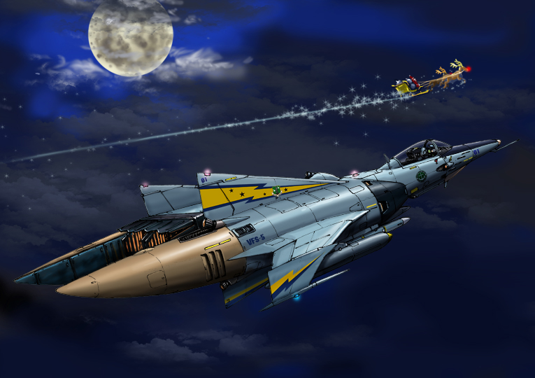 deshi ningen dai 1-gou, cosmo tiger, santa claus, uchuu senkan yamato, jet, 1970s (style), aircraft, airplane, christmas, cloud, moon, night, no humans, oldschool, reindeer, retro artstyle, sleigh, spacecraft, star (symbol), starfighter, vehicle focus