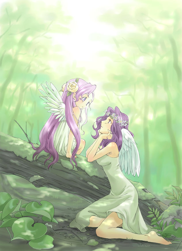 kacka, cornelia li britannia, euphemia li britannia, code geass, 00s, 2girls, aged down, child, dress, family bonding, flower, long hair, multiple girls, pink hair, purple eyes, purple hair, siblings, sisters, sitting, wings