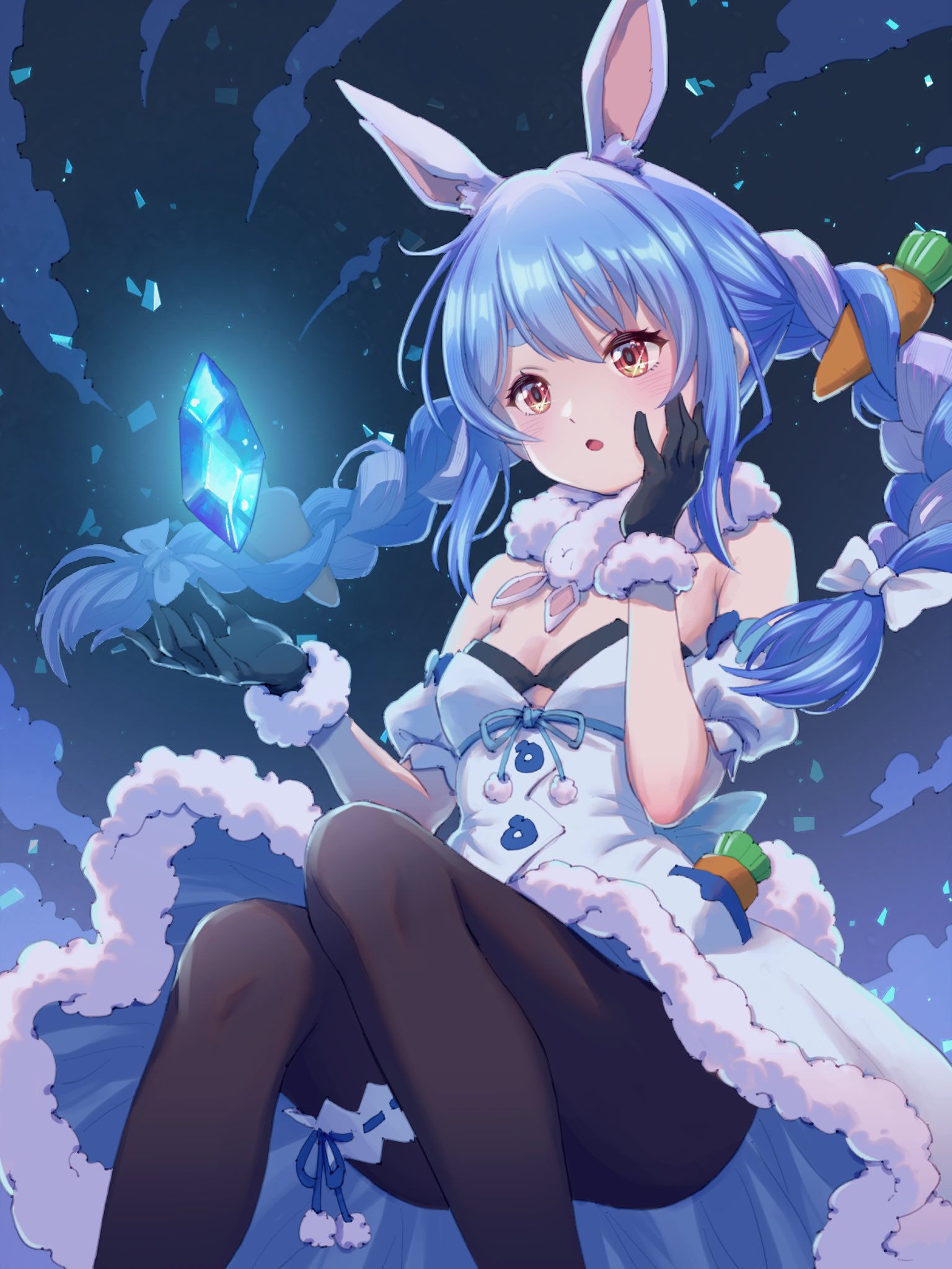 don-chan (usada pekora), usada pekora, usada pekora (1st costume), hololive, commentary request, highres, animal ears, black gloves, black pantyhose, blue hair, braid, carrot hair ornament, dress, food-themed hair ornament, fur-trimmed dress, fur-trimmed gloves, fur trim, gloves, hair ornament, hand on own face, long hair, multicolored hair, open mouth, pantyhose, rabbit ears, rabbit girl, solo, twin braids, two-tone hair, virtual youtuber, white dress, white hair, yachahechara, yellow eyes