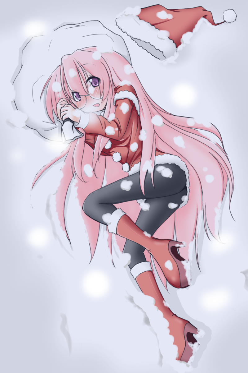 unknown-otiba, takara miyuki, lucky star, platform footwear, highres, 00s, ass, blush, glasses, hat, long hair, lying, pantyhose, pink hair, purple eyes, sack, santa costume, santa hat, snow, solo