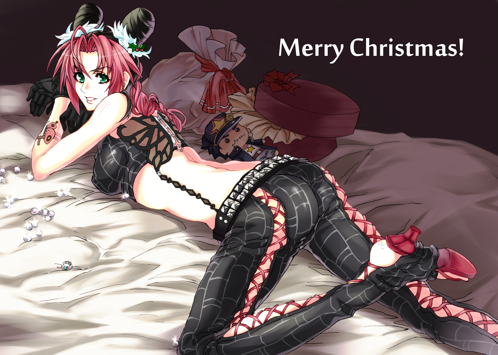 berry-a, kuujou jolyne, kuujou joutarou, jojo no kimyou na bouken, stone ocean, bad id, bad pixiv id, highres, 1girl, ass, black gloves, character doll, christmas, cone hair bun, doll, double bun, female focus, gloves, green eyes, hair bun, holly, jewelry, multicolored hair, ring, solo, tattoo
