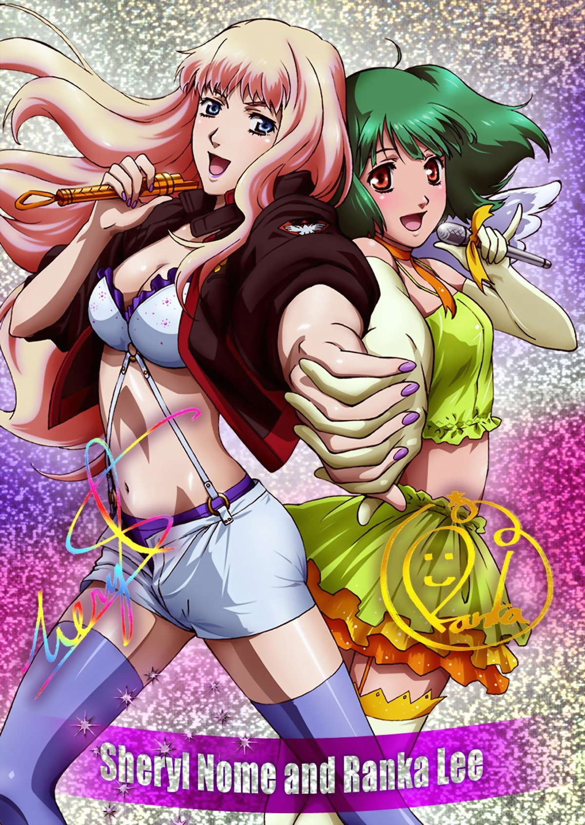 ranka lee, sheryl nome, macross, macross frontier, highres, scan, 00s, 2girls, blonde hair, blue eyes, breasts, cleavage, elbow gloves, gloves, green hair, holding hands, long hair, microphone, midriff, multiple girls, red eyes, short hair, shorts, skirt, thighhighs, wings