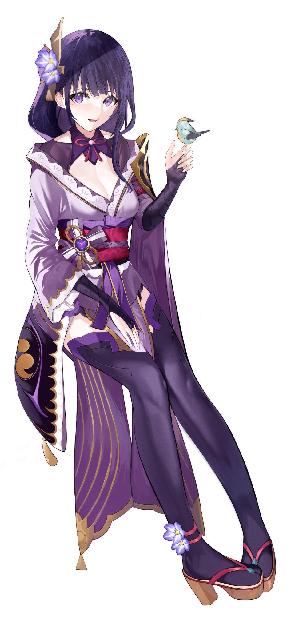 mairudo (mildcoffee1117), raiden shogun, genshin impact, commentary request, highres, 1girl, bird, bird on hand, braid, braided ponytail, breasts, bridal gauntlets, cleavage, clothing cutout, fan hair ornament, flower, full body, gradient hair, hair flower, hair ornament, japanese clothes, kimono, large breasts, light blush, lingerie, long braid, long hair, long sleeves, looking at viewer, looking to the side, mole, mole under eye, multicolored hair, neck ribbon, obi, off shoulder, open mouth, purple eyes, purple hair, purple kimono, purple thighhighs, red ribbon, ribbon, sash, shade, shrug (clothing), simple background, sitting, smile, solo, thighhighs, thighs, underwear, very long hair, white background, wide sleeves