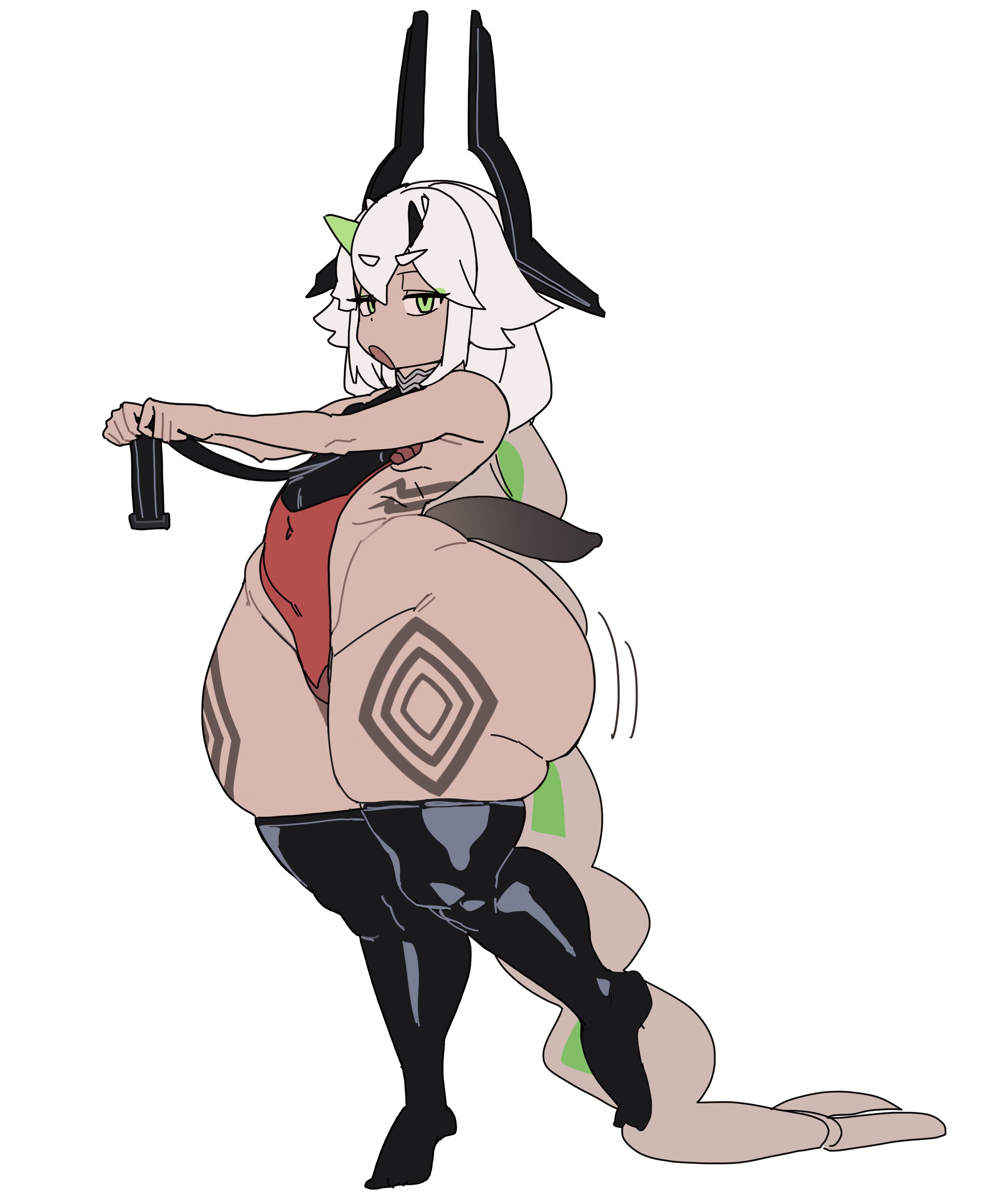 gya rb, original, absurdres, highres, 1girl, black thighhighs, braid, breasts, covered navel, dark-skinned female, dark skin, green eyes, green hair, grey hair, horns, leotard, long braid, long hair, multicolored hair, open mouth, plump, red leotard, sideless leotard, single braid, small breasts, solo, standing, tail, thick thighs, thigh marking, thighhighs, thighs, very long hair, white background, wide hips