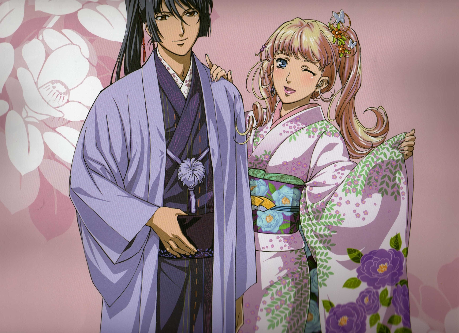 saotome alto, sheryl nome, macross, macross frontier, scan, 00s, 1boy, 1girl, blonde hair, blue eyes, blue hair, brown eyes, couple, hair ornament, hetero, japanese clothes, kimono, long hair, nail polish, one eye closed, wink