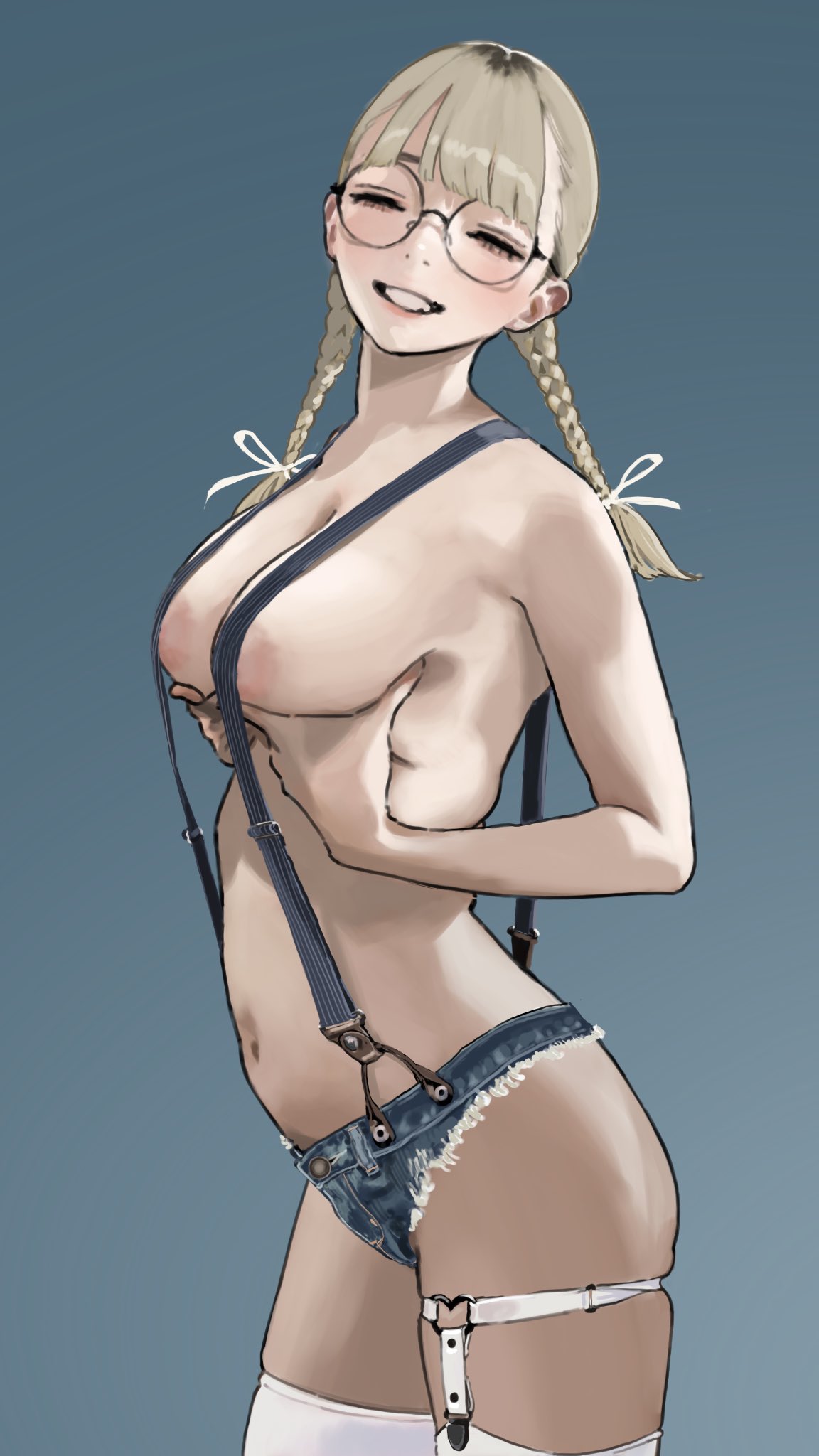 hiramedousa, original, highres, 1girl, areola slip, arms under breasts, blonde hair, blue background, blue shorts, blunt bangs, blush, braid, breast lift, breasts, closed eyes, cutoffs, denim, denim shorts, frilled thigh strap, from side, glasses, hair ribbon, heart, heart o-ring, lips, long hair, medium breasts, naked suspenders, navel, o-ring, o-ring thigh strap, open mouth, ribbon, round eyewear, short shorts, shorts, smile, standing, suspender shorts, suspenders, thigh strap, thighhighs, twin braids, white ribbon, white thighhighs