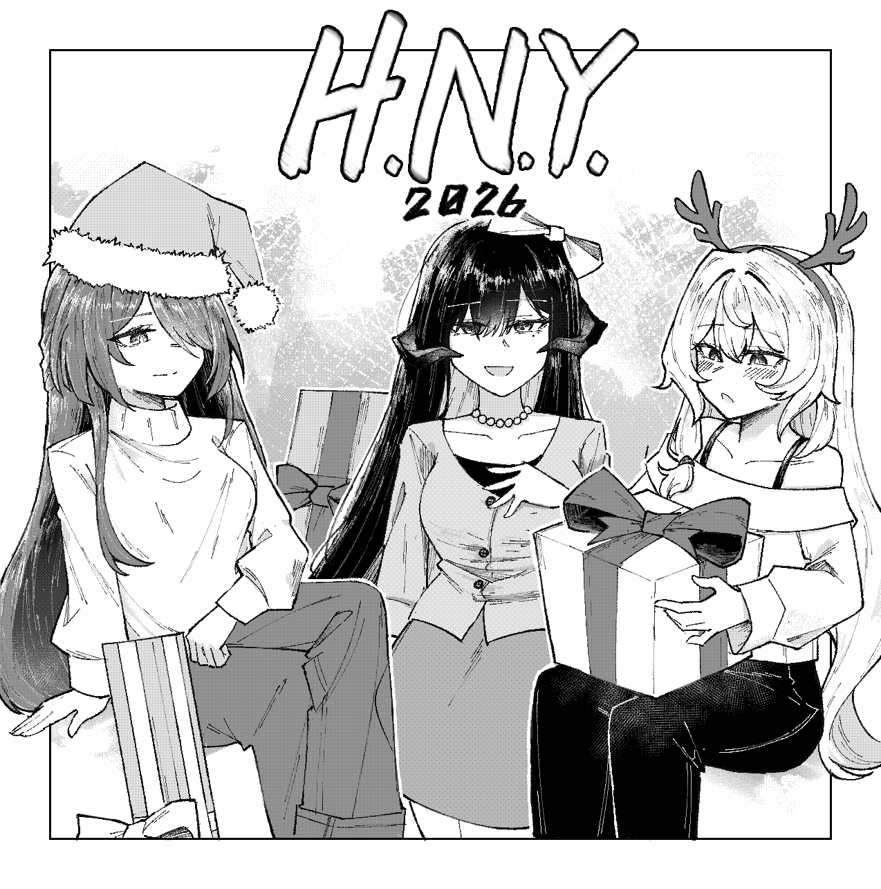 shuiro0z, acheron (honkai: star rail), black swan (honkai: star rail), the dahlia (honkai: star rail), honkai: star rail, honkai (series), hashtag-only commentary, highres, 3girls, alternate costume, bead necklace, beads, bow, box, breasts, demon horns, fake horns, gift, gift box, greyscale, hair bow, hat, horns, jewelry, long hair, low-tied long hair, monochrome, multiple girls, necklace, pants, santa hat, skirt, turtleneck, very long hair