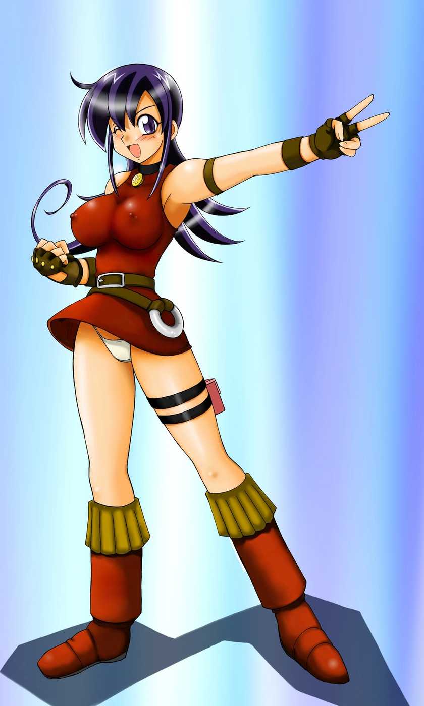 tsumitani daisuke, tasogare mimi, duel masters, highres, boots, breasts, clothes lift, covered erect nipples, large breasts, one eye closed, open mouth, panties, pantyshot, purple eyes, purple hair, skirt, skirt lift, smile, underwear, wink