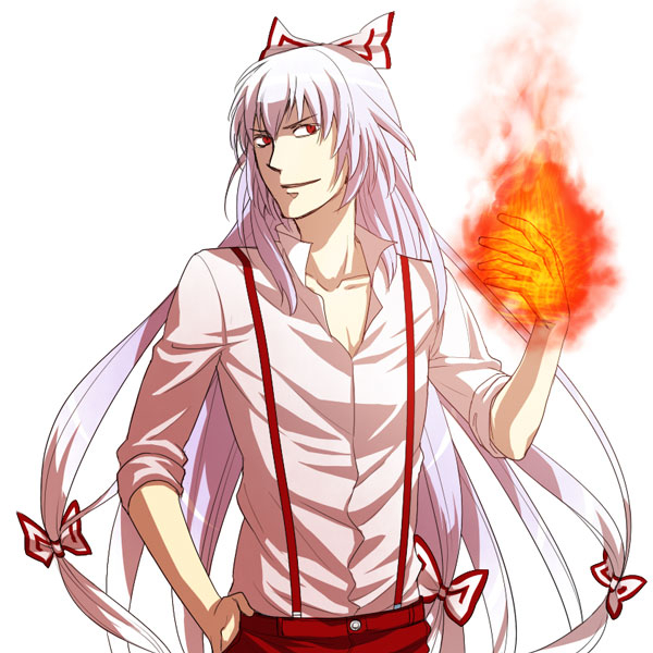 kebin, kibin, fujiwara no mokou, touhou, 1boy, bow, fire, genderswap, genderswap (ftm), hair bow, hair ribbon, long hair, male focus, multiple hair bows, red eyes, ribbon, shirt, simple background, sleeves rolled up, smirk, solo, suspenders, white hair, white shirt