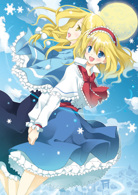 kiseki, mizuse kiseki, alice margatroid, kirisame marisa, perfect cherry blossom, touhou, bad id, bad pixiv id, 2girls, blonde hair, blue eyes, blush, bow, female focus, hair bow, hairband, holding hands, moon, multiple girls, open mouth, snow, torii, yellow eyes