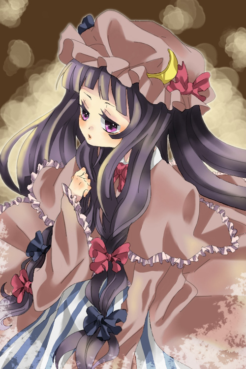 ichinose, ichinose (sorario), patchouli knowledge, touhou, bad id, bad pixiv id, 1girl, bow, capelet, crescent, crescent moon, female focus, frills, hair bow, hair ribbon, hat, hat ribbon, long hair, moon, multiple hair bows, necktie, purple eyes, purple hair, ribbon, solo