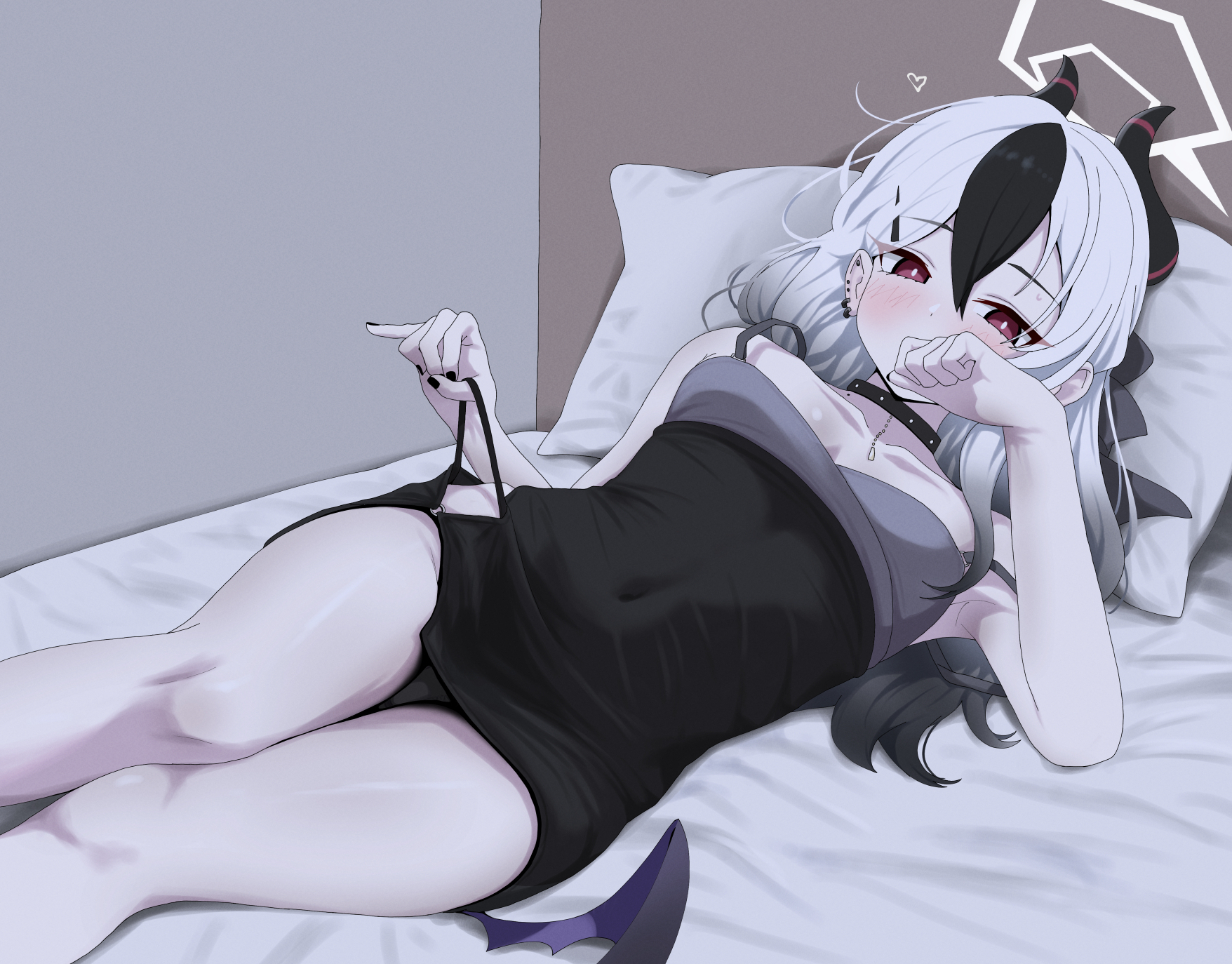 unamaso, kayoko (blue archive), kayoko (dress) (blue archive), blue archive, commentary request, highres, 1girl, bed, black choker, black dress, black hair, black horns, black panties, blush, breasts, choker, collarbone, covered navel, covering own mouth, demon horns, diamond necklace, dress, ear piercing, grey halo, halo, horns, long hair, looking at viewer, lying, mole, mole on collarbone, multicolored hair, official alternate costume, panties, panty pull, piercing, pillow, pulling own clothes, red eyes, small breasts, solo, studded choker, sweat, underwear, white hair