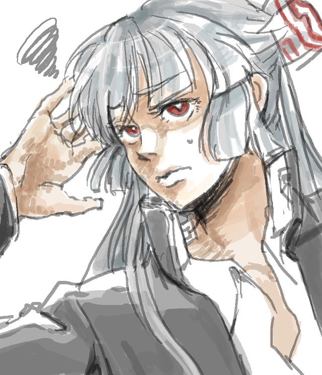 efuo, fujiwara no mokou, touhou, bad id, bad pixiv id, 1girl, alternate costume, blunt bangs, bow, female focus, grey hair, hair bow, hair ribbon, hime cut, long hair, looking up, portrait, red eyes, ribbon, school uniform, shirt, simple background, solo, squiggle, sweatdrop, white shirt