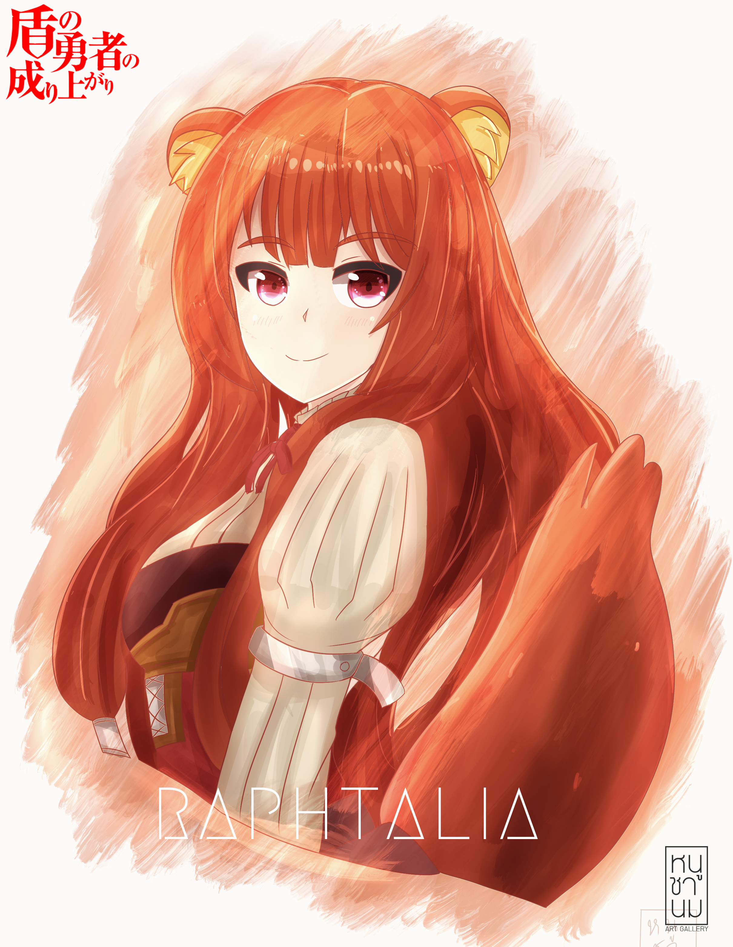 rat cu~, raphtalia, tate no yuusha no nariagari, absurdres, commentary, english commentary, highres, 1girl, animal ear fluff, animal ears, armor, artist logo, breastplate, breasts, brown armor, brown hair, character name, closed mouth, collared dress, copyright name, dress, from side, hair tubes, high collar, layered dress, leather armor, logo, long hair, long sleeves, looking at viewer, looking to the side, medium breasts, metal arm cuffs, neck ribbon, pinstripe dress, pinstripe pattern, raccoon ears, raccoon girl, raccoon tail, red dress, red eyes, red ribbon, ribbon, signature, smile, solo, straight hair, tail, upper body, white background, white dress