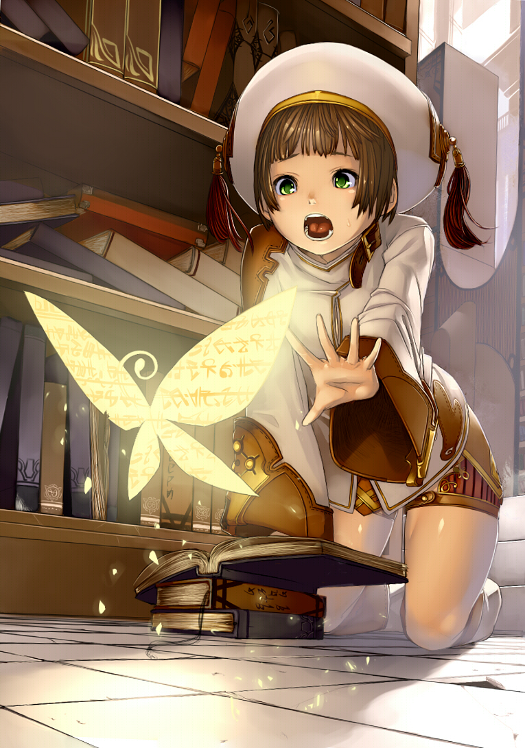 npa (sirokurokuma), original, bad id, bad pixiv id, 1girl, :o, all fours, arched back, book, bookshelf, brown hair, bug, butterfly, female focus, full body, glowing, green eyes, hat, insect, kneeling, legs, open mouth, short hair, solo, sunlight, tiles