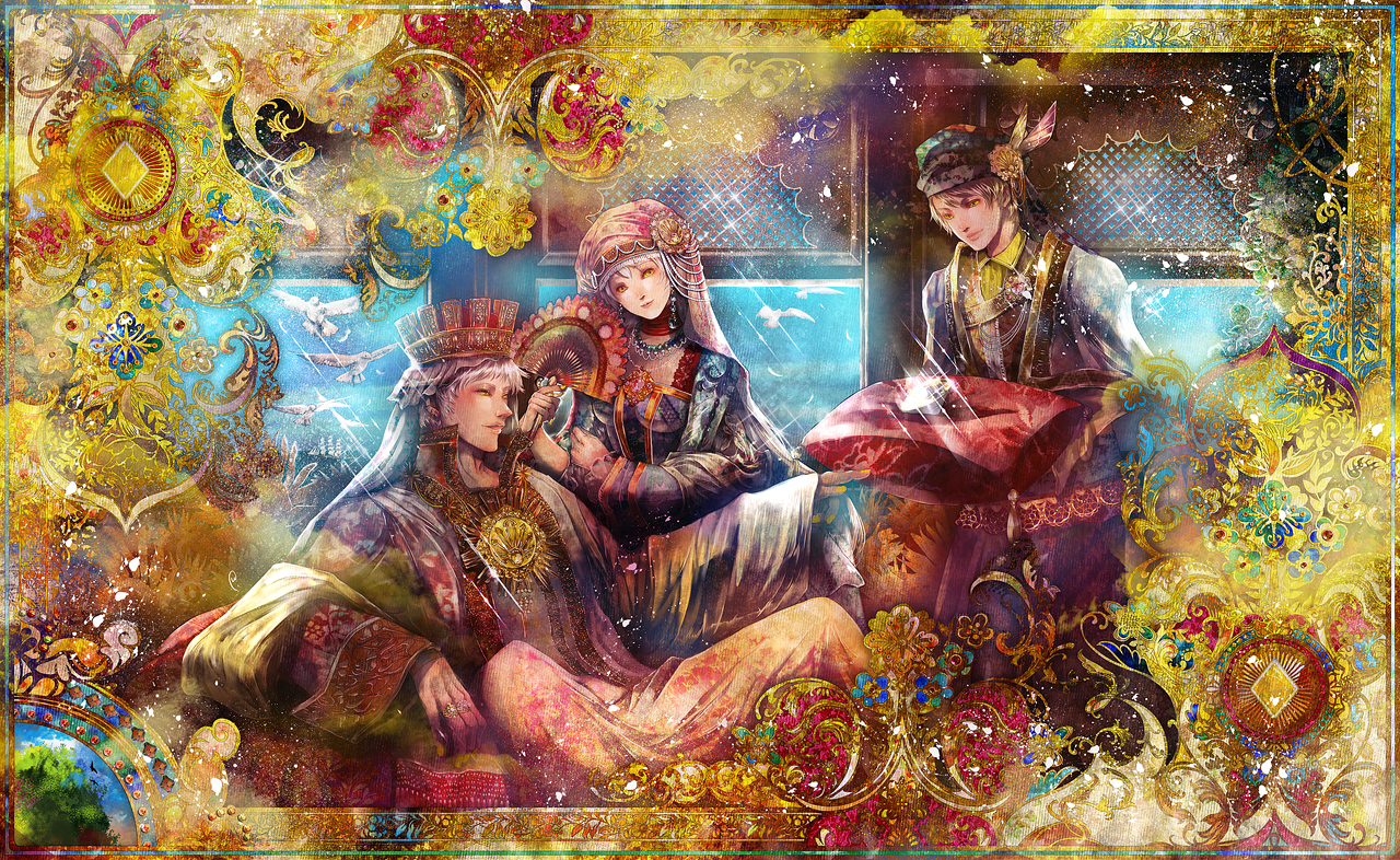 yuu (arcadia), original, silver hair, md5 mismatch, 1girl, 2boys, crown, hand fan, jewelry, long hair, lots of jewelry, multiple boys, pillow