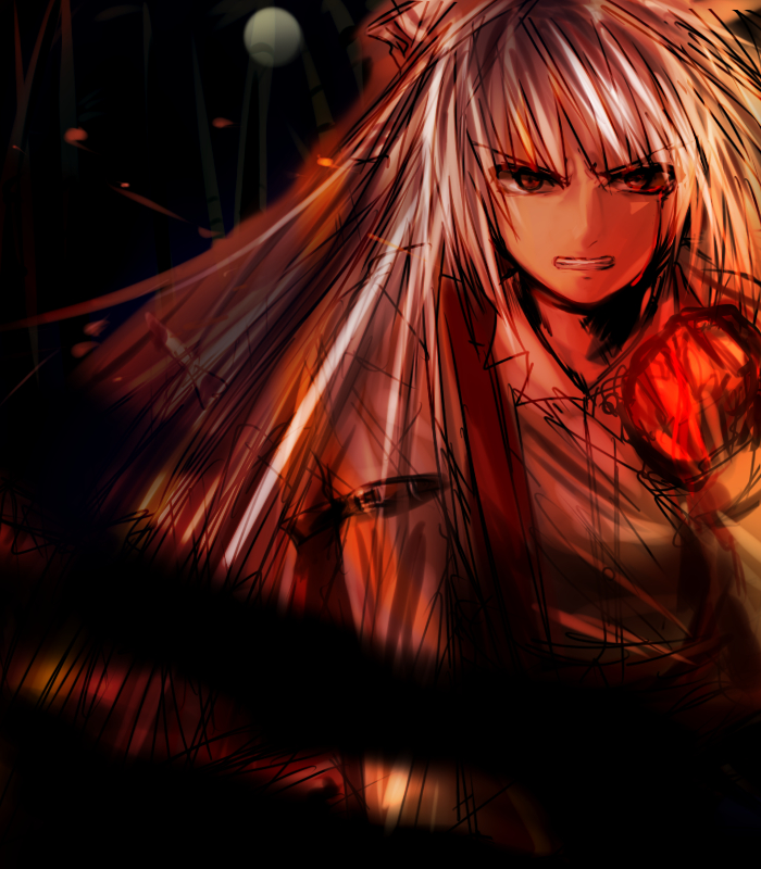 tomishi, fujiwara no mokou, touhou, bad id, bad pixiv id, 1girl, angry, clenched hand, dark, female focus, full moon, monochrome, moon, open mouth, red eyes, red theme, solo, white hair