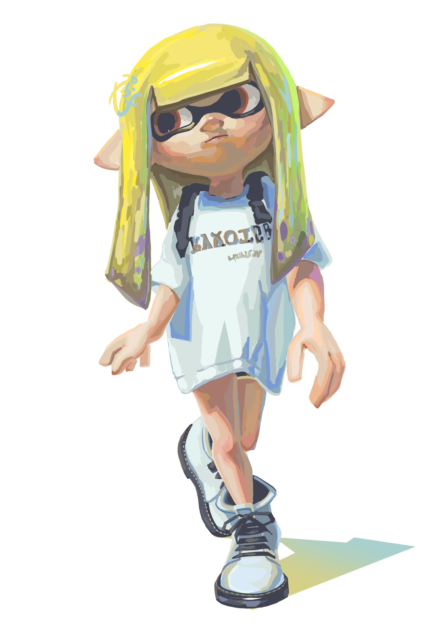 ka pus, inkling girl, inkling player character, nintendo, splatoon (series), commentary request, highres, 1girl, baggy clothes, black shorts, blonde hair, blunt bangs, brown eyes, closed mouth, full body, ink tank (splatoon), inkling, long hair, looking to the side, oversized clothes, oversized shirt, pointy ears, shirt, shoes, short sleeves, shorts, simple background, solo, squid girl, standing, standing on one leg, tentacle hair, white background, white shirt, white shoes