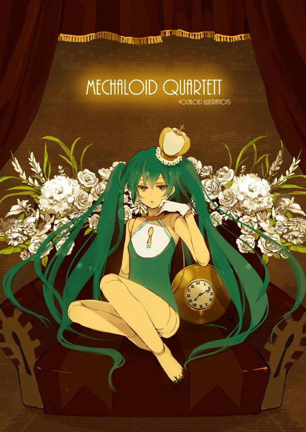 loo, hatsune miku, vocaloid, bad id, bad pixiv id, 1girl, aqua hair, bad feet, barefoot, bouquet, clock, crown, doll joints, feet, female focus, flower, full body, gloves, joints, legs, long hair, rose, sitting, solo, twintails, very long hair