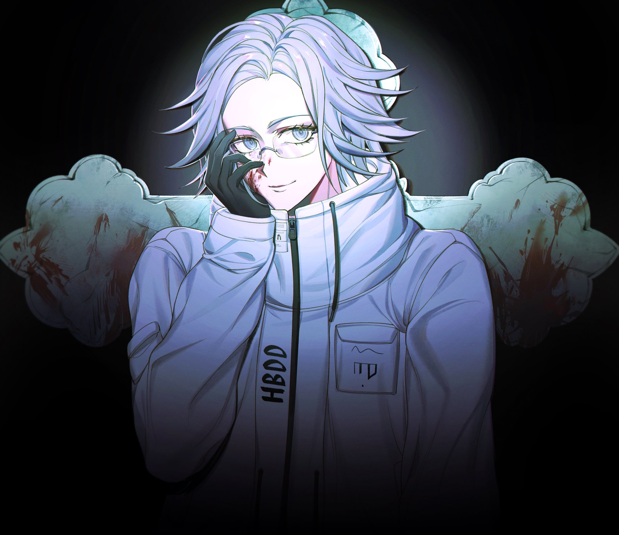 kuronoclaire, aotsuki eito, the hundred line -last defense academy-, commentary, english commentary, highres, 1boy, black gloves, blood, blood on face, blood on object, breast pocket, cross, drawstring, glasses, gloves, grey eyes, grey hair, hand on own face, hand up, jacket, looking at viewer, male focus, pocket, short hair, sleeve pouch, solo, upper body, white jacket, zipper pull tab