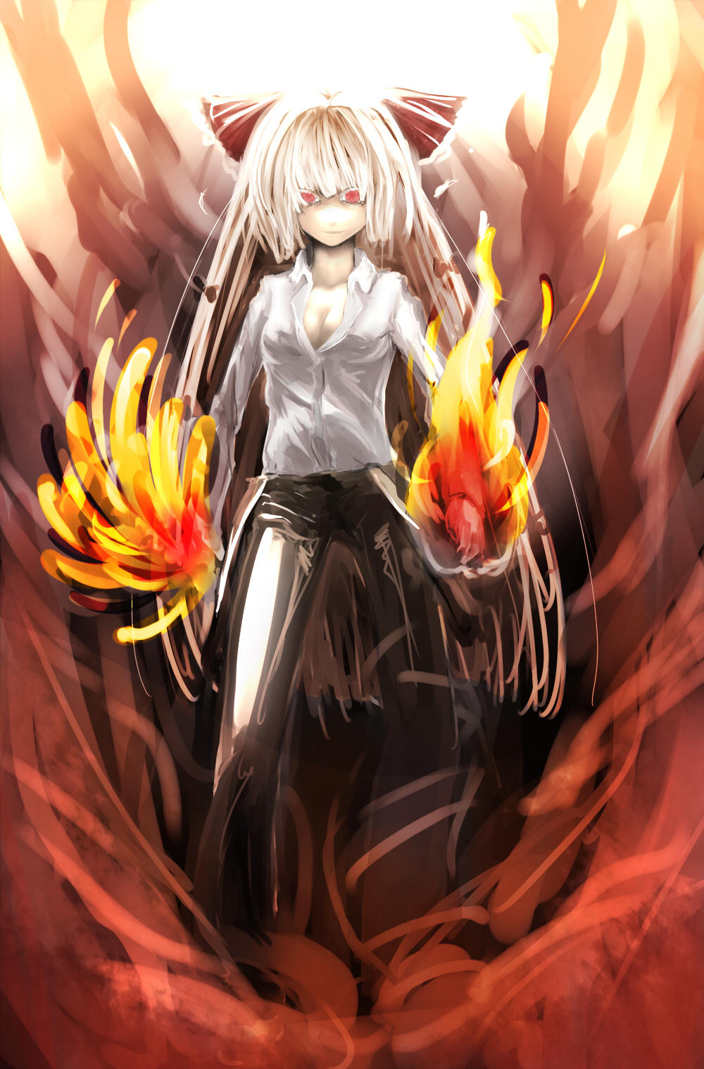 haishima xv, haitoo (artist), fujiwara no mokou, touhou, silver hair, highres, 1girl, alternate costume, bow, breasts, cleavage, contemporary, dress shirt, female focus, fire, hair bow, hair ribbon, haitoo, long hair, long sleeves, no bra, pants, red eyes, ribbon, shirt, smile, solo, suspenders, very long hair, white shirt