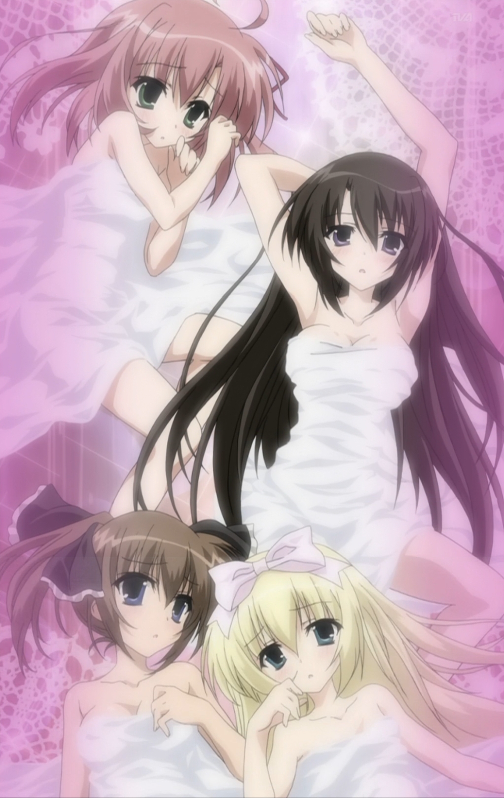 akaba chizuru, sakurano kurimu, shiina mafuyu, shiina minatsu, seitokai no ichizon, anime screenshot, highres, stitched, third-party edit, 4girls, ahoge, aqua eyes, arm behind head, arms up, bare shoulders, bed sheet, black hair, blonde hair, blue eyes, blush, bow, breasts, brown hair, cleavage, from above, green eyes, hair between eyes, hair bow, hair ribbon, lace, lace background, long hair, looking at viewer, lying, multiple girls, naked sheet, on back, on side, open mouth, parody, parted bangs, pink hair, purple background, purple eyes, ribbon, short hair, short twintails, small breasts, twintails, very long hair, watermark