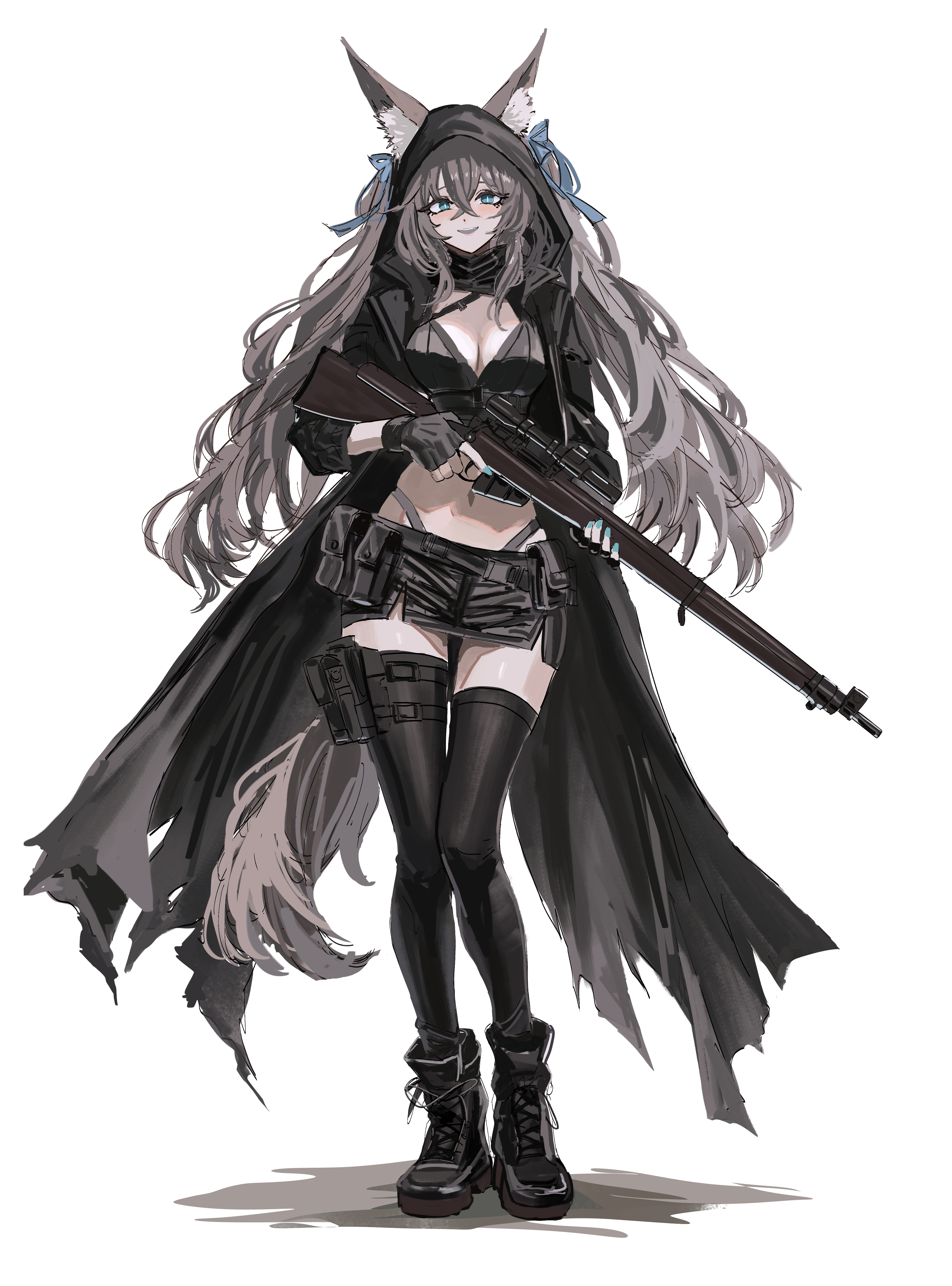 shino duka, original, absurdres, commentary request, highres, 1girl, :d, animal ear fluff, animal ears, ankle boots, belt, belt pouch, black boots, black coat, black gloves, black skirt, black thighhighs, blue bow, blue eyes, boots, bow, breasts, brown hair, cleavage, coat, crop top, ears visible through hair, fingerless gloves, gloves, gun, hair between eyes, hair bow, holding, holding gun, holding weapon, hood, hood up, hooded coat, long hair, long sleeves, looking at viewer, medium breasts, miniskirt, navel, open clothes, open coat, open mouth, pouch, rifle, simple background, skindentation, skirt, smile, sniper rifle, tail, thigh pouch, thigh strap, thighhighs, thong, twintails, very long hair, weapon, white background, zettai ryouiki