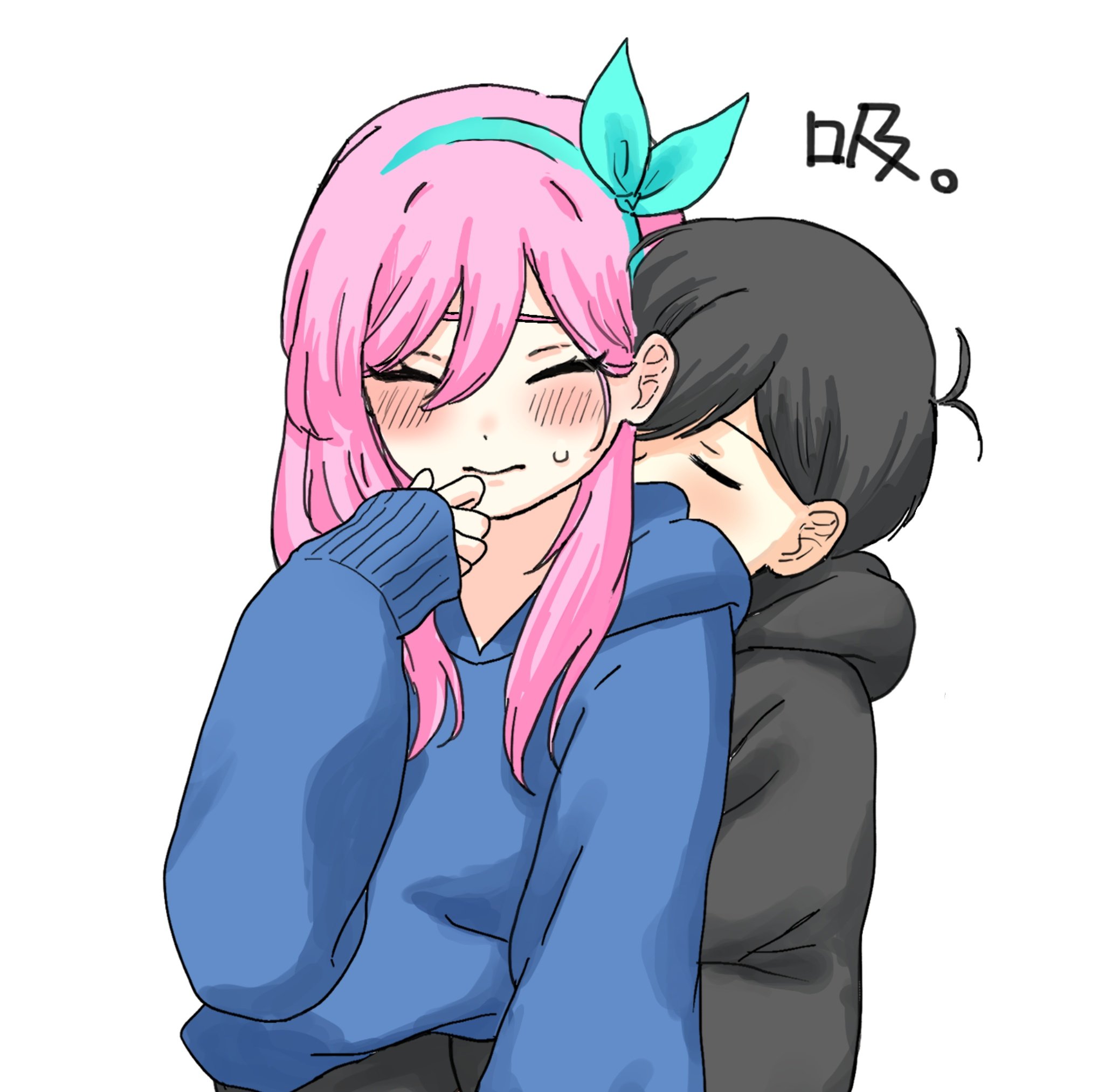 mimn (kdjgxrt1xt69701), aubrey (faraway) (omori), aubrey (omori), sunny (omori), omori, commentary request, highres, translation request, 1boy, 1girl, alternate costume, antenna hair, black hair, black hoodie, blue hairband, blue hoodie, blush, closed eyes, closed mouth, double-parted bangs, hair between eyes, hairband, hood, hood down, hoodie, long hair, long sleeves, pink hair, short hair, sweatdrop