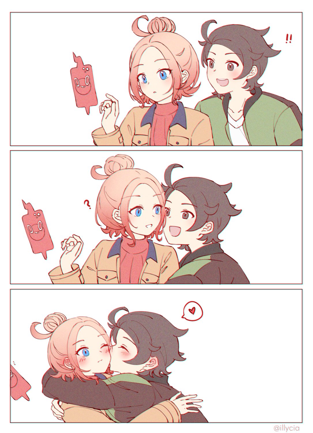 illycia, paxton (pokemon), rotom, rotom phone, taunie (pokemon), nintendo, pokemon, pokemon legends: z-a, highres, mixed-language commentary, !, !!, 1boy, 1girl, ?, black hair, blue eyes, blush, gen 4 pokemon, hair bun, heart, hug, kiss, kissing cheek, long sleeves, looking at another, one eye closed, pink hair, simple background, single hair bun, smile, twitter username, white background