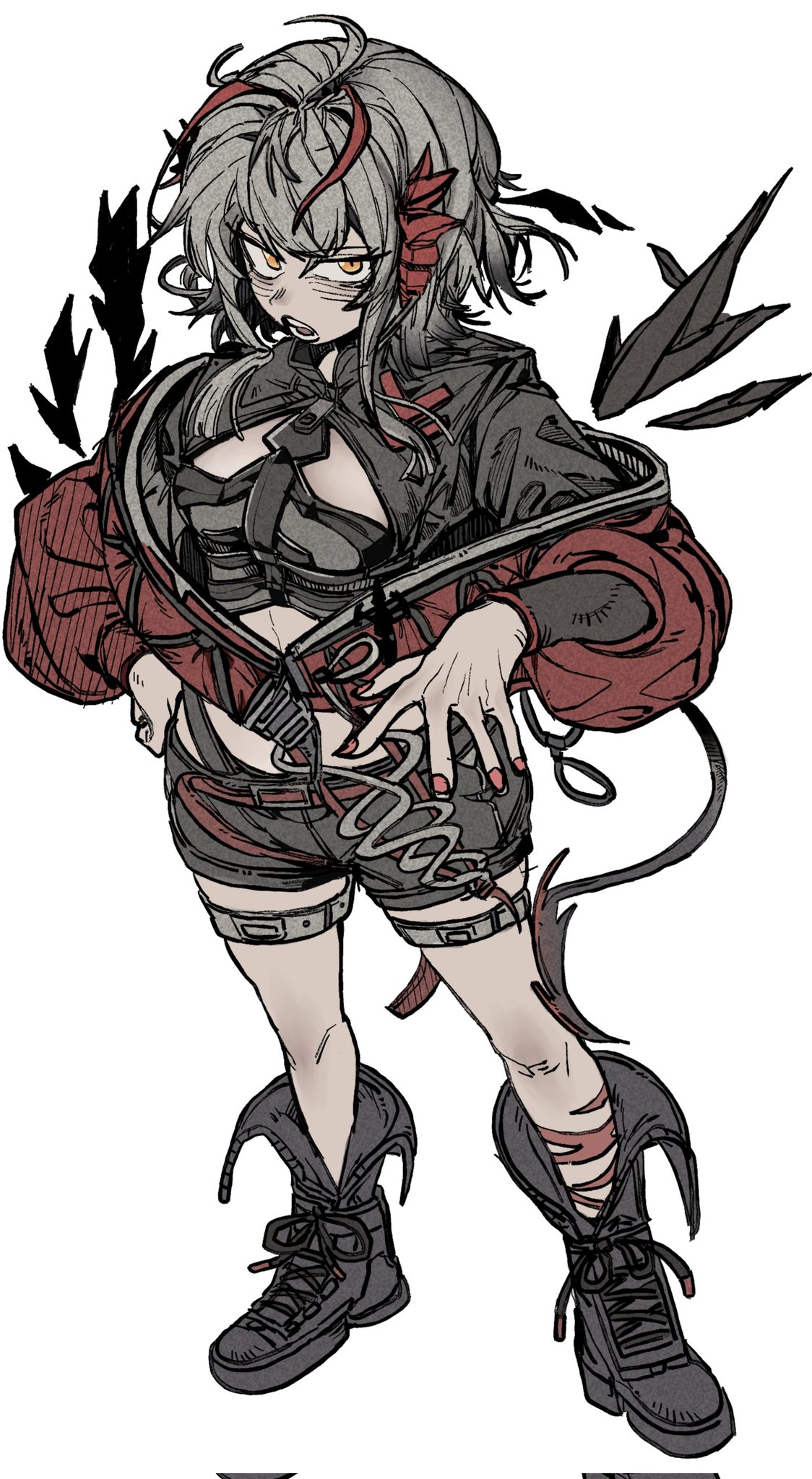 w (arknights), wis'adel (arknights), arknights, commentary request, highres, korean commentary, 1girl, black boots, boots, coat, demon girl, demon horns, demon tail, grey hair, horns, open clothes, open coat, red nails, short hair, shorts, simple background, solo, tail, user vdfv8273, white background, yellow eyes