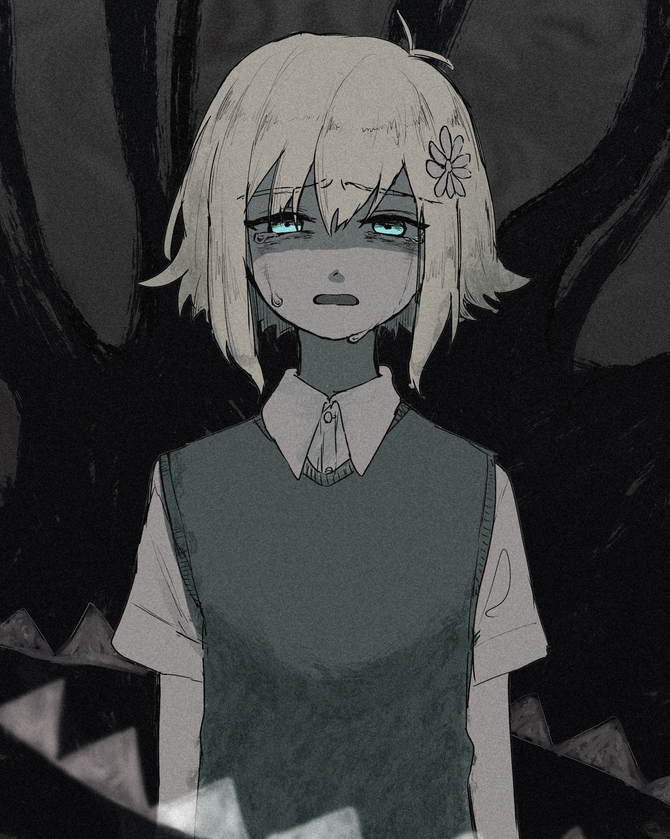 rami 1300, basil (faraway) (omori), basil (omori), something (omori), omori, absurdres, commentary request, highres, 1boy, antenna hair, blonde hair, blue eyes, collared shirt, crying, crying with eyes open, flower, green sweater vest, hair flower, hair ornament, looking at viewer, male focus, open mouth, shirt, short hair, short sleeves, sidelocks, solo, sweater vest, tears, upper body, white shirt