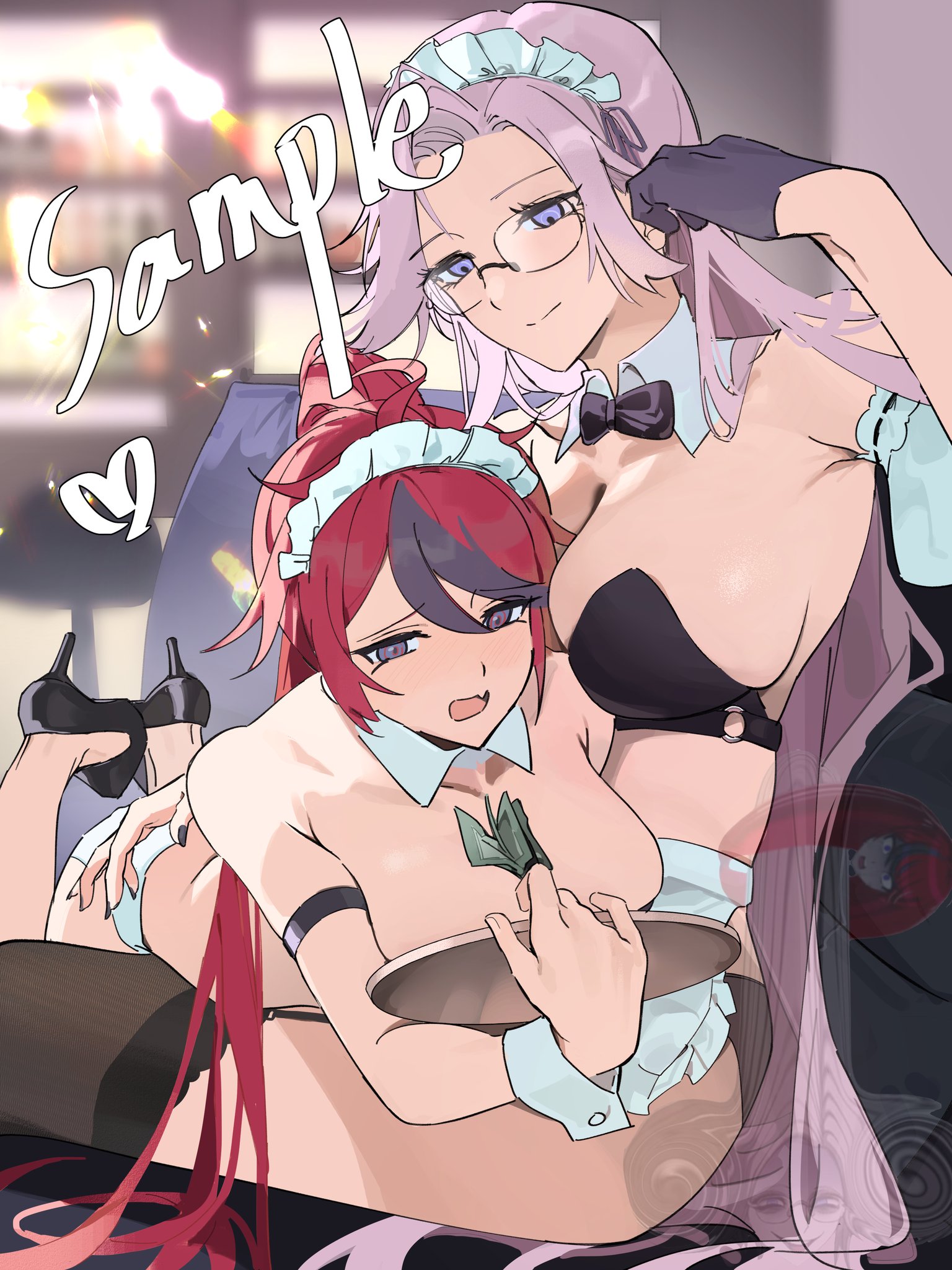 aotsuki eito, sumino takumi, the hundred line -last defense academy-, chinese commentary, commentary, highres, 2girls, ahoge, anfuu daisuki, apron, arm strap, banknote, black bow, black bowtie, black bra, black gloves, black nails, black panties, black shoes, black streaks, black thighhighs, bow, bowtie, bra, breasts, couch, detached collar, fang, frilled apron, frills, genderswap, genderswap (mtf), glasses, gloves, grey eyes, grey hair, half gloves, high heels, holding, holding plate, indoors, large breasts, long hair, lying, maid headdress, money, money between breasts, multicolored hair, multiple girls, no pants, no shirt, on couch, on lap, on stomach, panties, plate, purple eyes, red hair, sample watermark, shoes, single half glove, skin fang, strapless, strapless bra, streaked hair, thighhighs, two-tone hair, underwear, watermark, white wrist cuffs, wrist cuffs