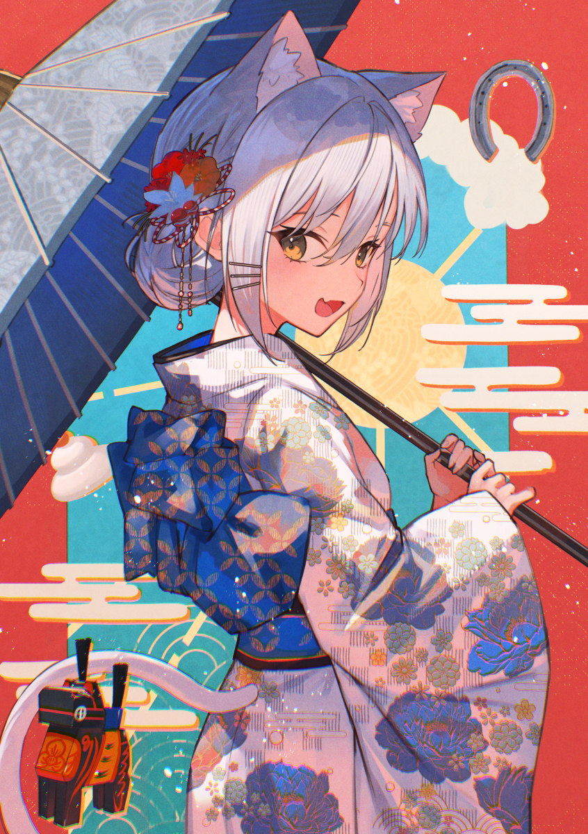 xyunx, original, commentary, highres, 1girl, :d, animal ears, back bow, blue bow, blush, bow, brown eyes, cat ears, cat girl, cat tail, chinese zodiac, clothing cutout, cowboy shot, egasumi, extra ears, fang, floral print, floral print kimono, flower, grey hair, hair bun, hair flower, hair ornament, hairclip, holding, holding umbrella, horseshoe, japanese clothes, kagami mochi, kimono, long sleeves, new year, obi, oil-paper umbrella, open mouth, print kimono, red flower, sash, short hair, single hair bun, skin fang, smile, solo, sun, tail, tail through clothes, umbrella, white flower, white kimono, wide sleeves, year of the horse