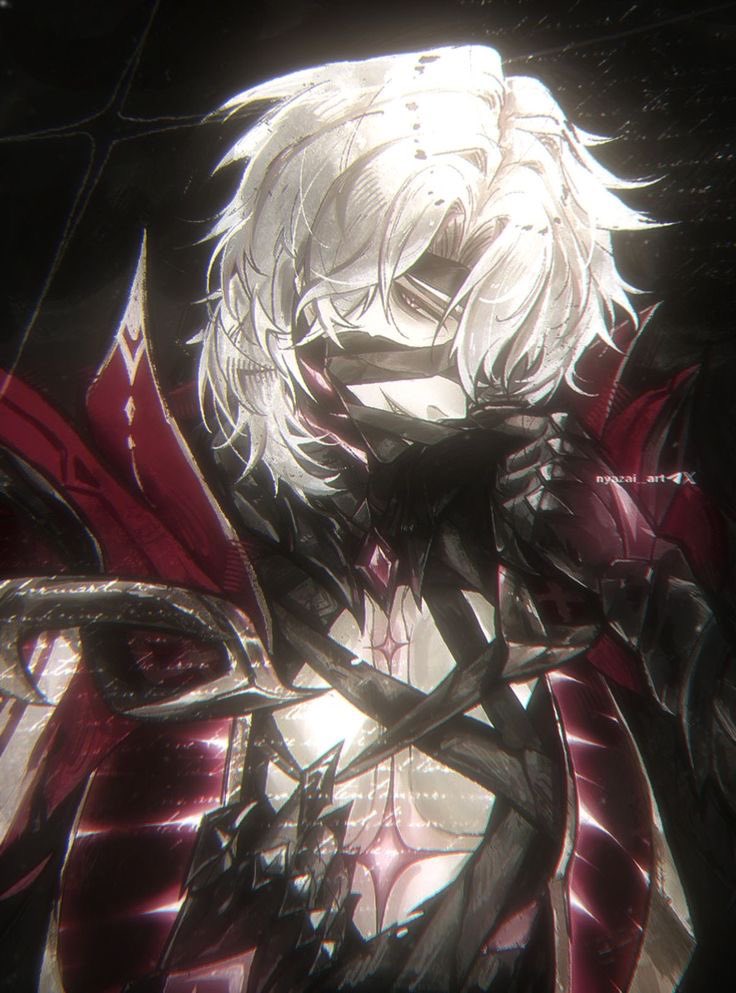 rerir (genshin impact), genshin impact, hashtag-only commentary, 1boy, bare pectorals, black background, black gloves, cape, gloves, grin, looking to the side, male focus, mystical high collar, parted hair, pectorals, pink eyes, red cape, sideways glance, smile, solo, upper body, white hair, yuujinn