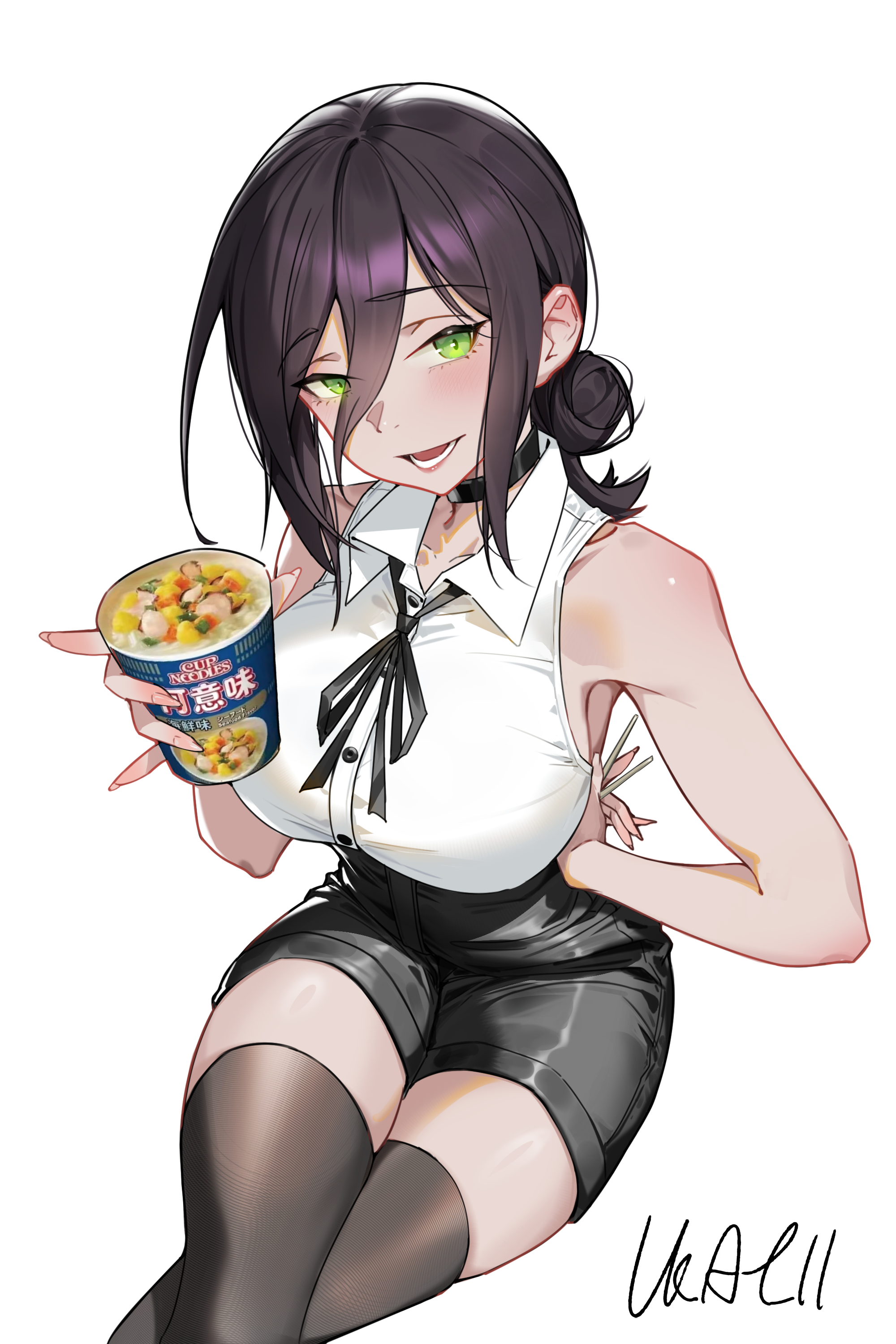 yigali xinji, reze (chainsaw man), chainsaw man, absurdres, commentary request, highres, 1girl, :d, alternate breast size (larger), bare shoulders, black choker, black hair, black shorts, black thighhighs, blush, breasts, choker, chopsticks, collared shirt, crossed legs, green eyes, hair between eyes, hair bun, hand on own hip, high-waist shorts, holding, holding chopsticks, instant noodles, invisible chair, large breasts, looking at viewer, lower teeth only, medium hair, nissin cup noodle, nissin cup noodle seafood, open mouth, shirt, shorts, signature, simple background, single hair bun, sitting, sleeveless, sleeveless shirt, smile, solo, teeth, thighhighs, white background, white shirt
